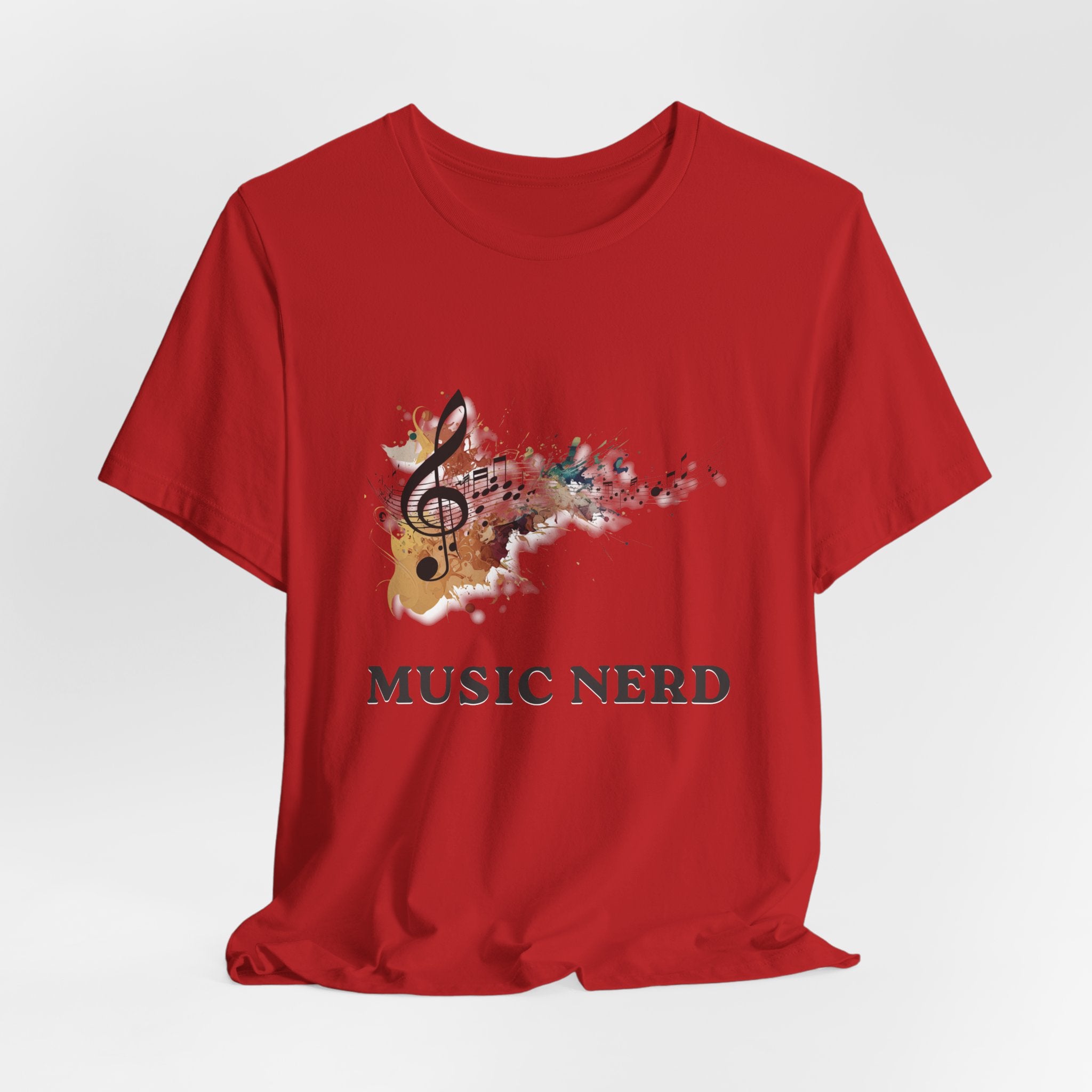 Red t-shirt with musical design and 'MUSIC NERD' text on a white background