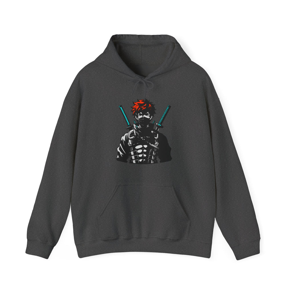 Dark gray hoodie with a graphic design of a character holding swords on a white background