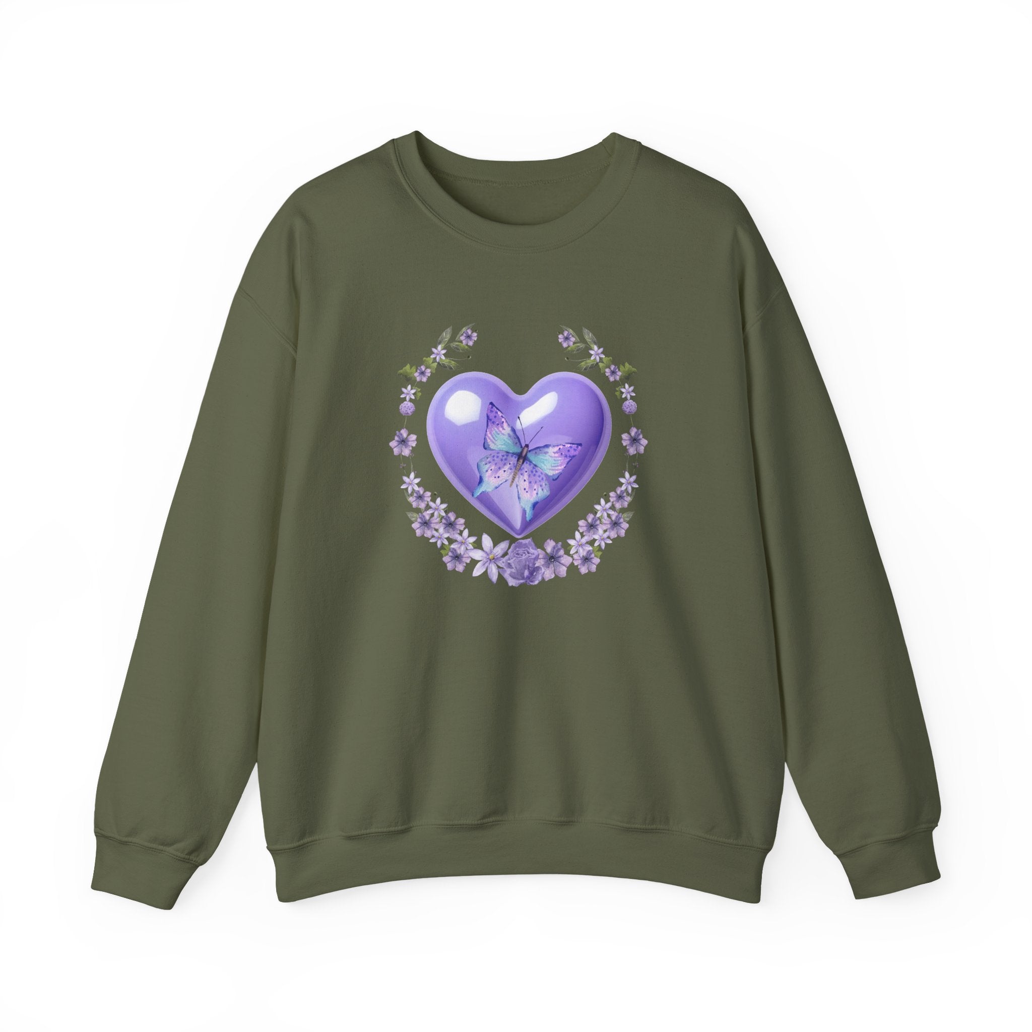 Green sweatshirt with a purple heart and butterfly design on a white background