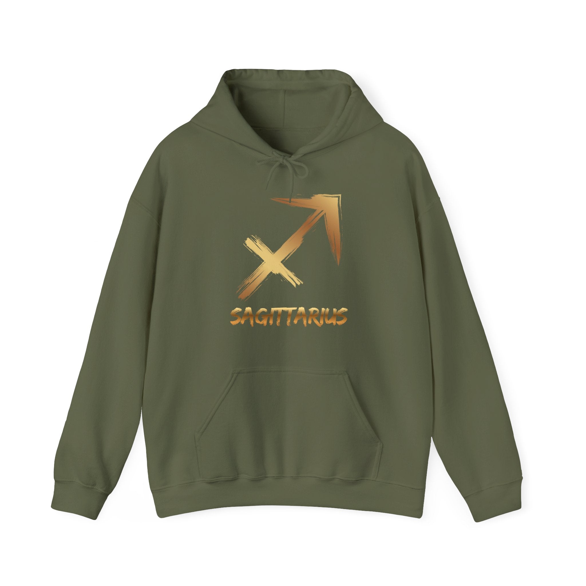 Green hoodie with Sagittarius symbol and text on a white background