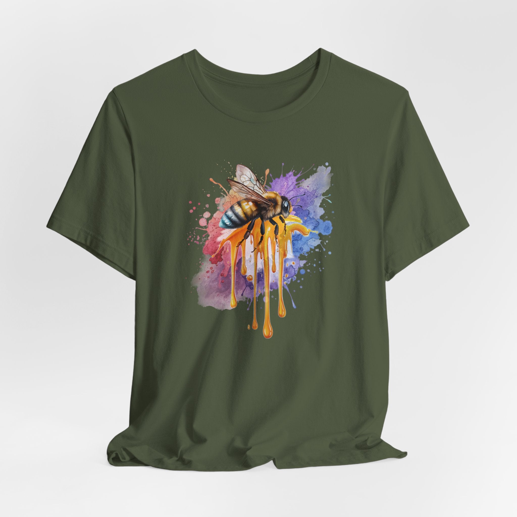Green t-shirt with a colorful bee design on a white background