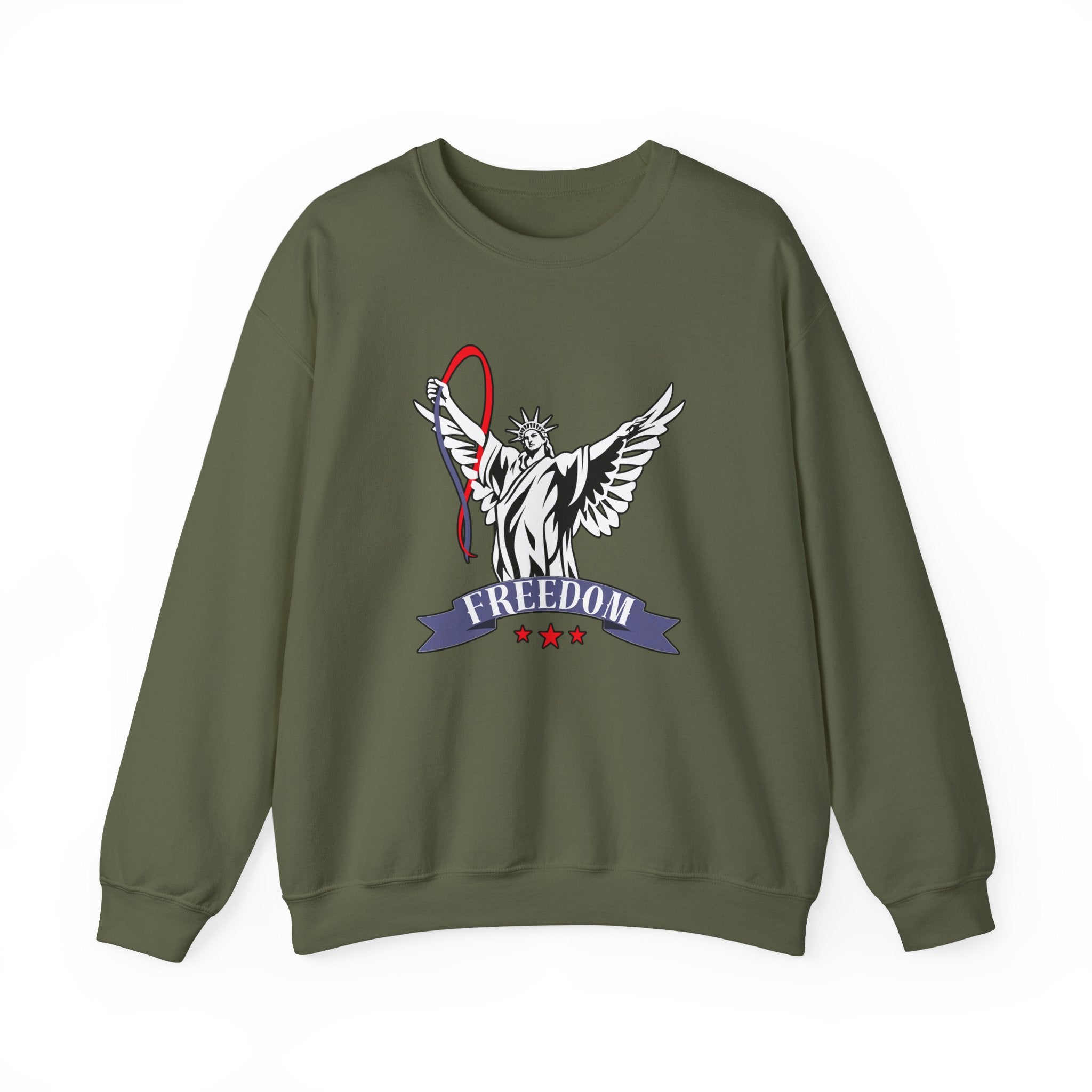 Green sweatshirt with a graphic design of the Statue of Liberty and 'Freedom' text on a white background