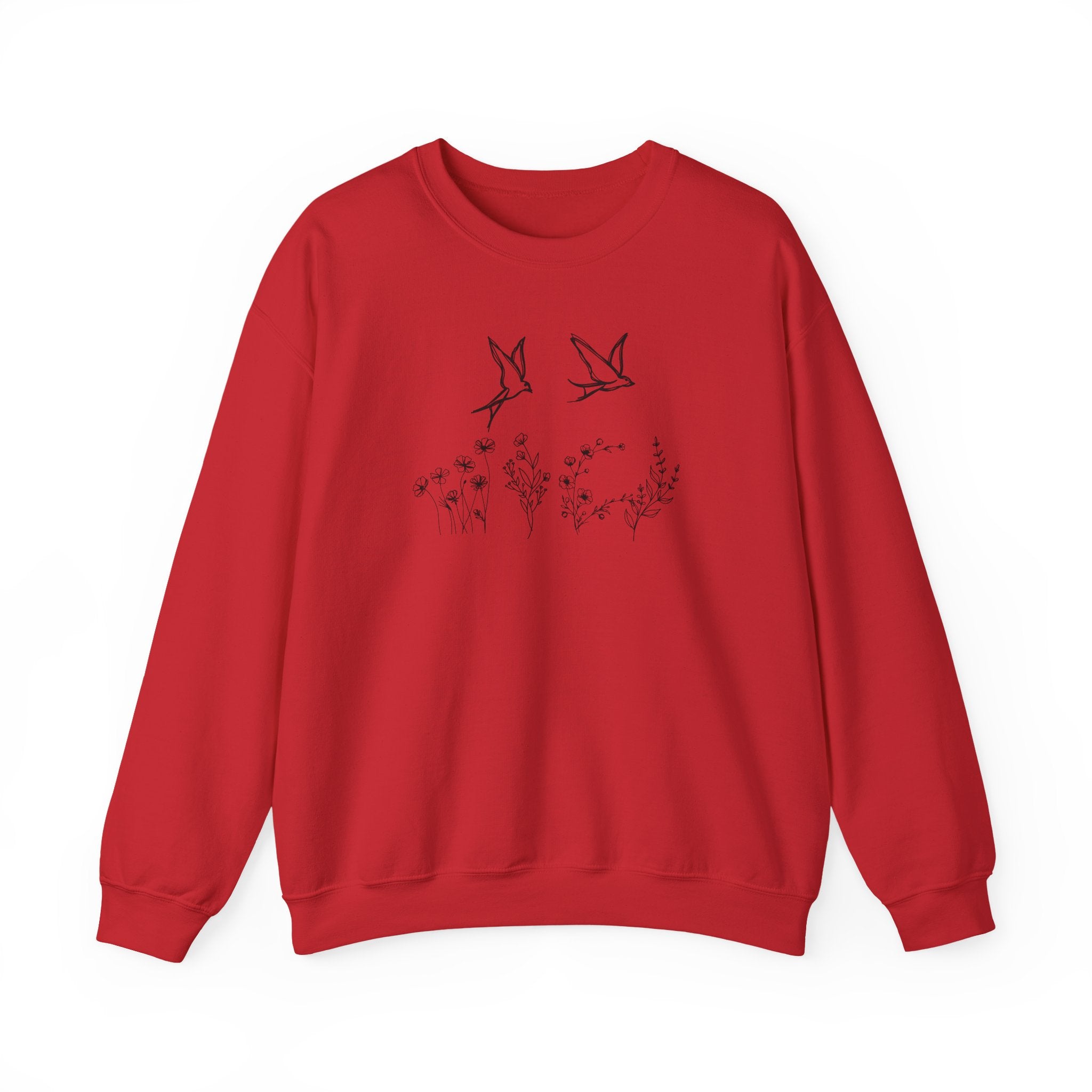Red sweatshirt with bird and flower graphics on a white background