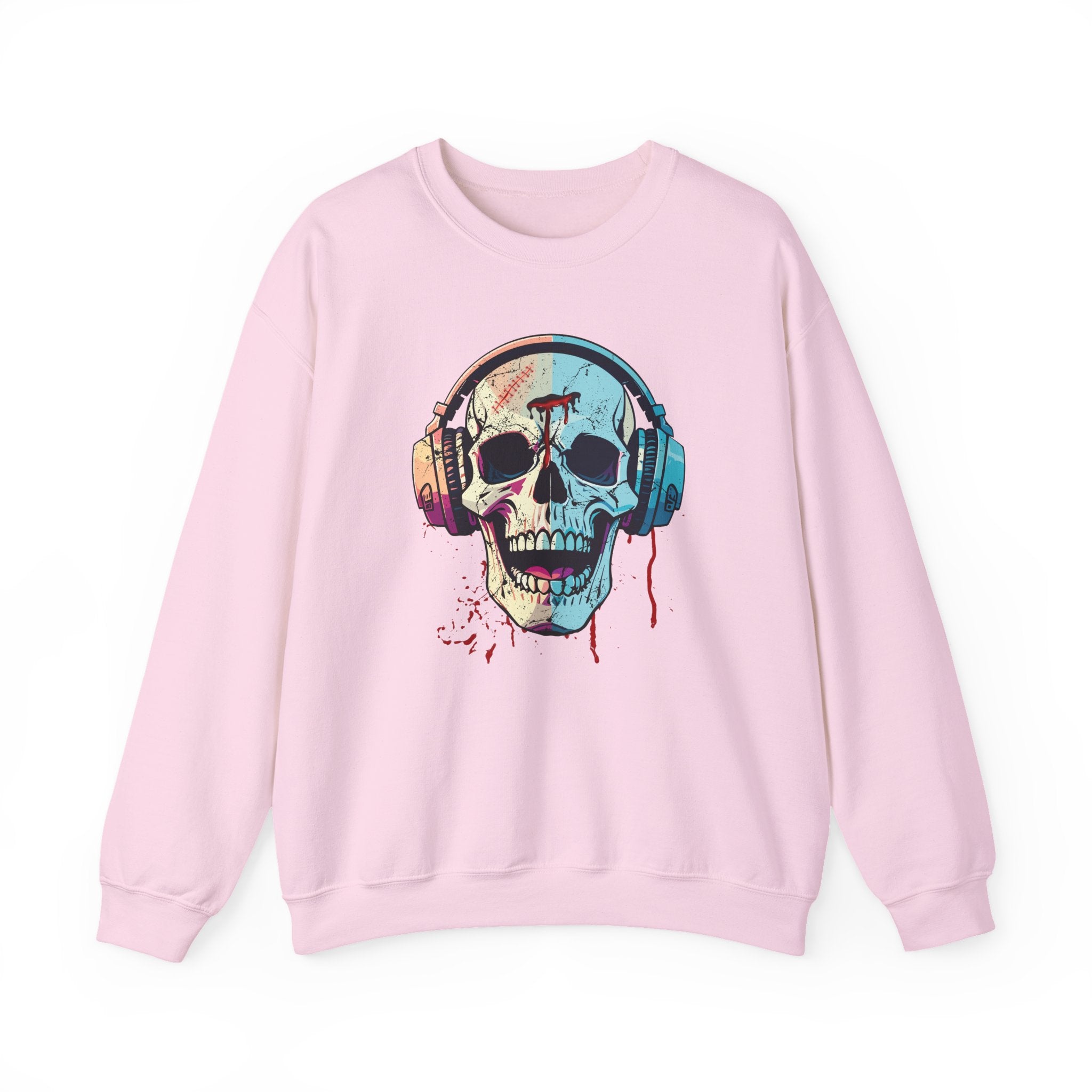 Pink sweatshirt with a colorful skull design wearing headphones on a white background