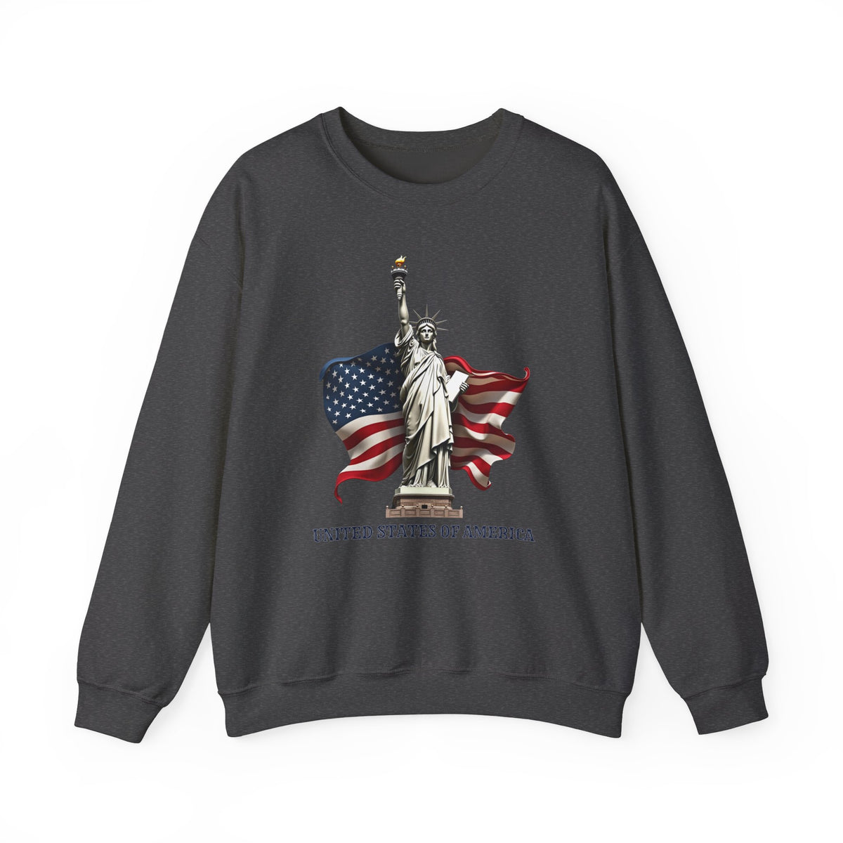 Dark gray sweatshirt with Statue of Liberty and American flag design on a white background