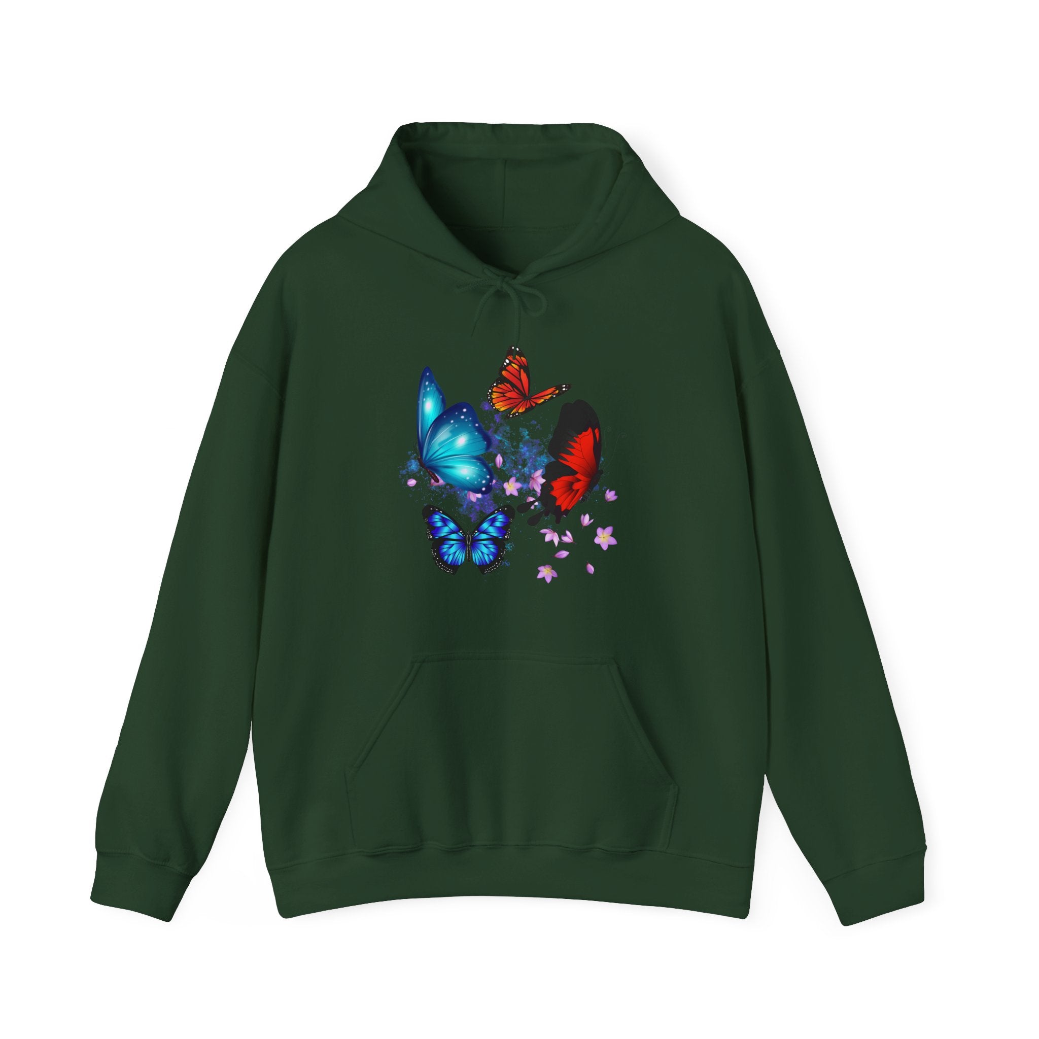 Green hoodie with colorful butterfly design on a white background