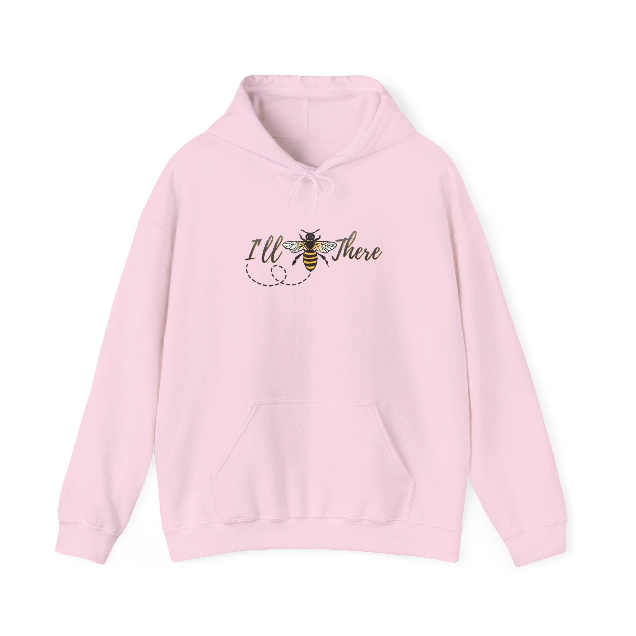 Pink hoodie with a bee and text  design on a white background