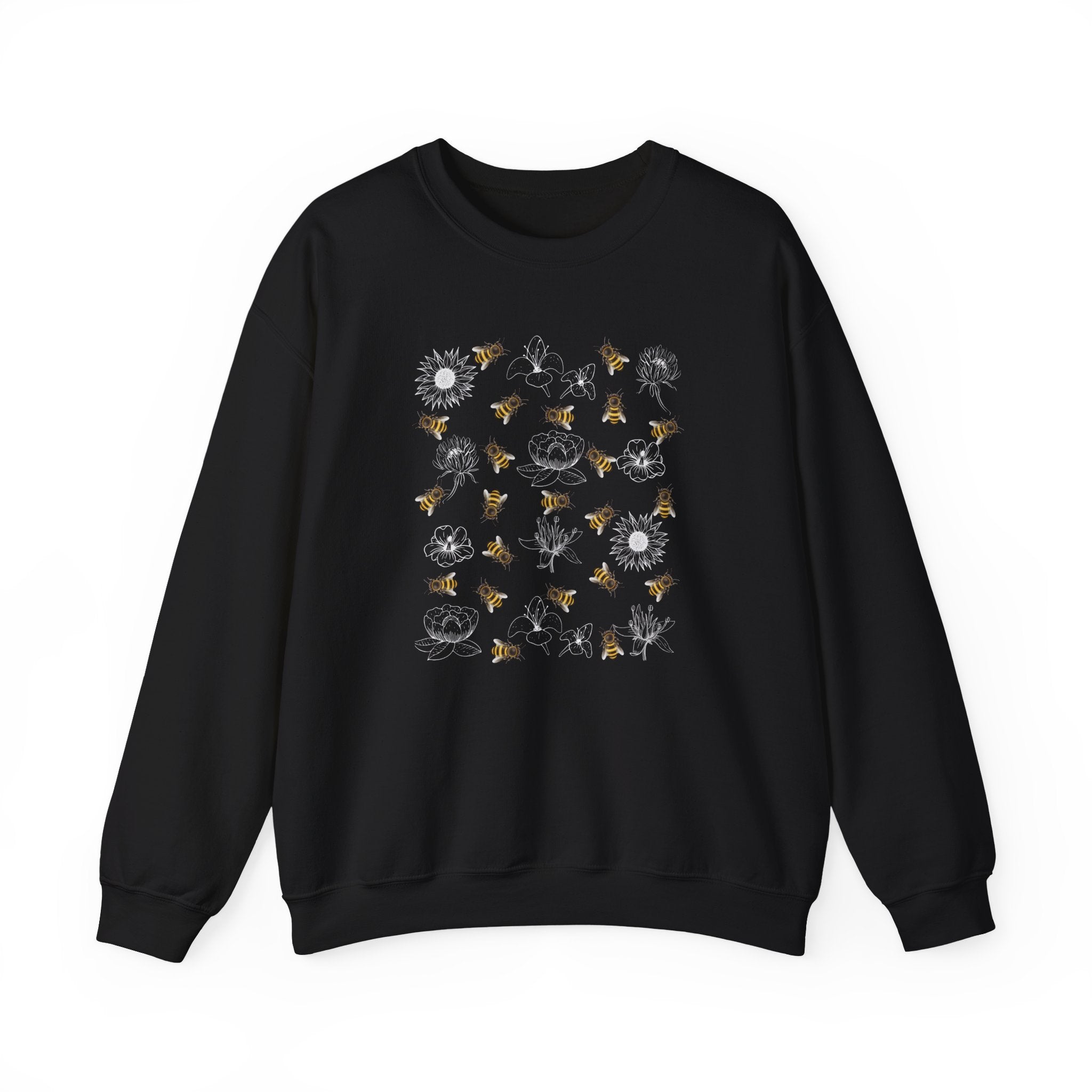 Black sweatshirt with bee and flower pattern on a white background