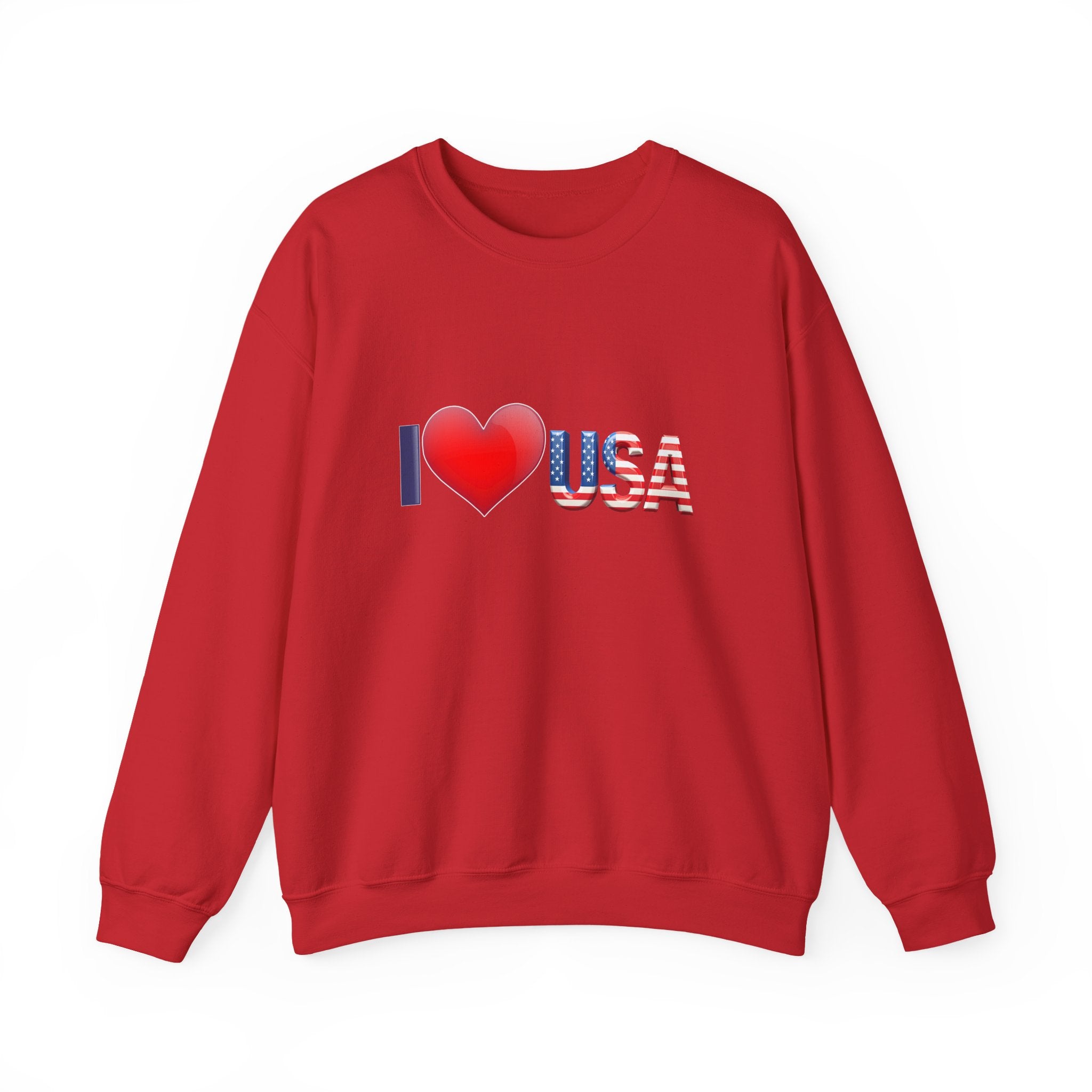 Red sweatshirt with 'I ❤️ USA' text on a white background