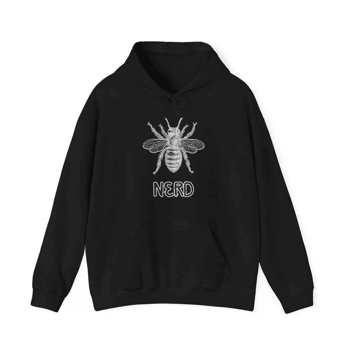 Black hoodie with bee and  'Nerd' text on a white background