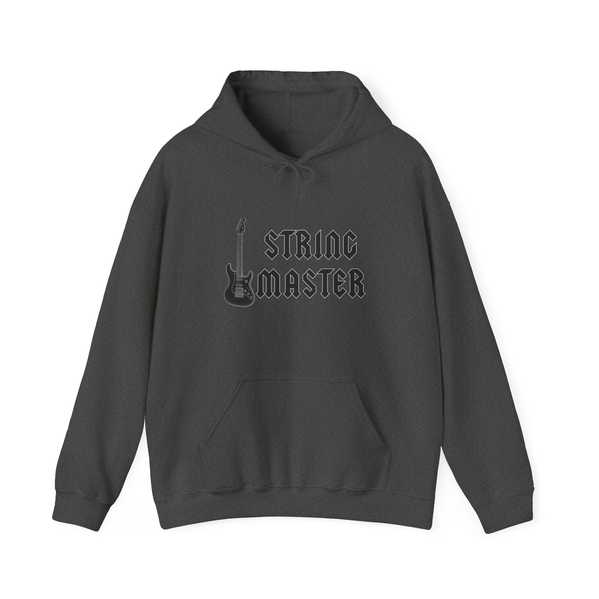 Dark grey hoodie with 'String Master' text and guitar graphic on a white background