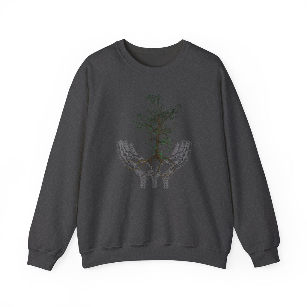 Dark gray sweatshirt with a graphic design of hands holding a tree on a white background