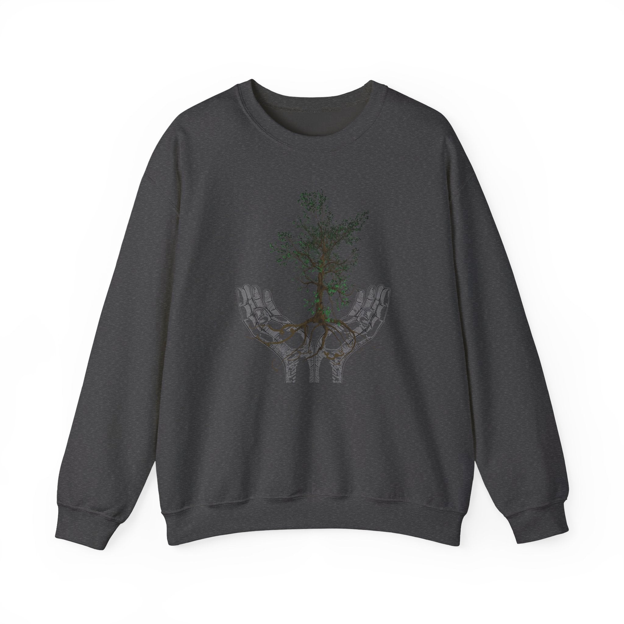 Dark gray sweatshirt with a graphic design of hands holding a tree on a white background