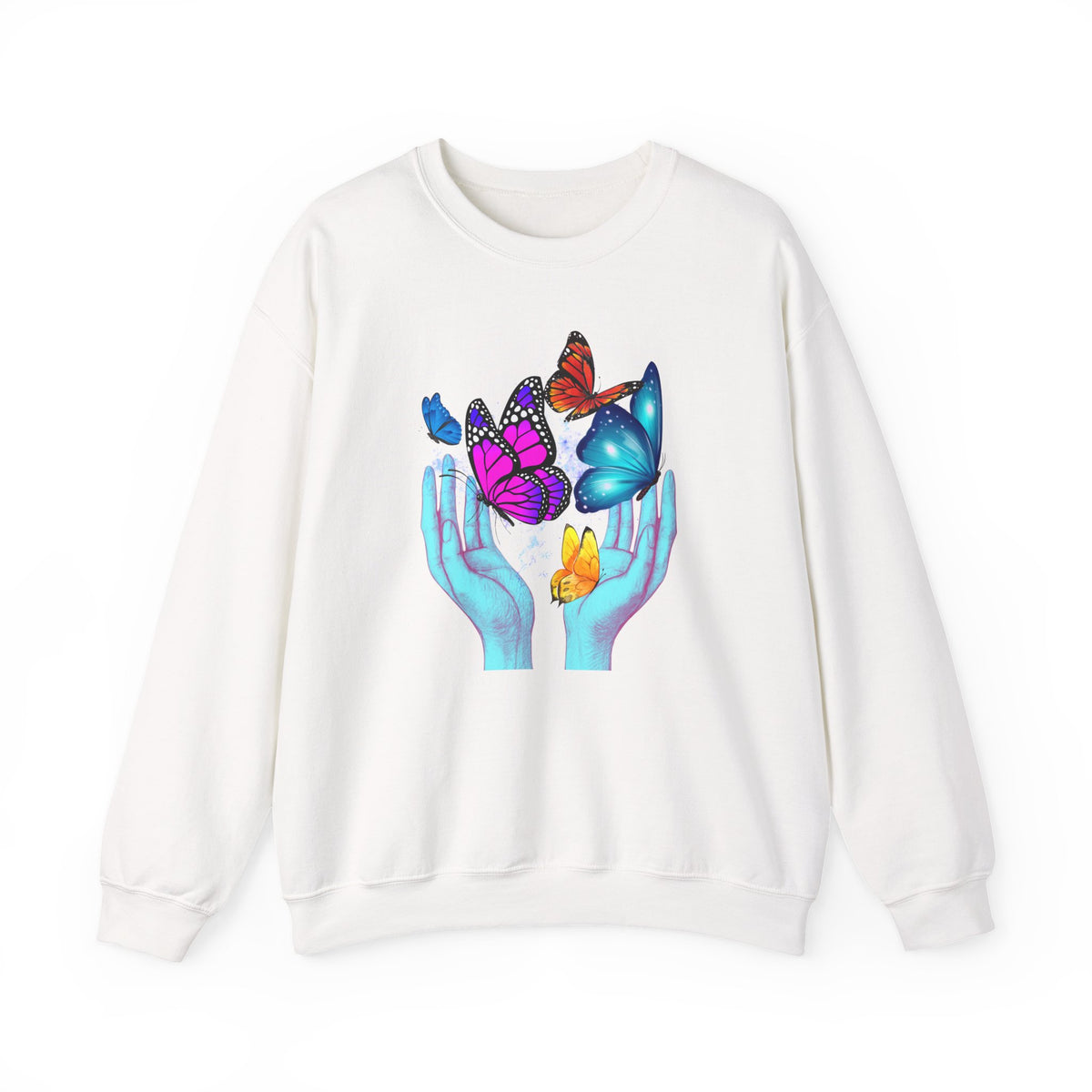 White sweatshirt with colorful butterfly design on a white background