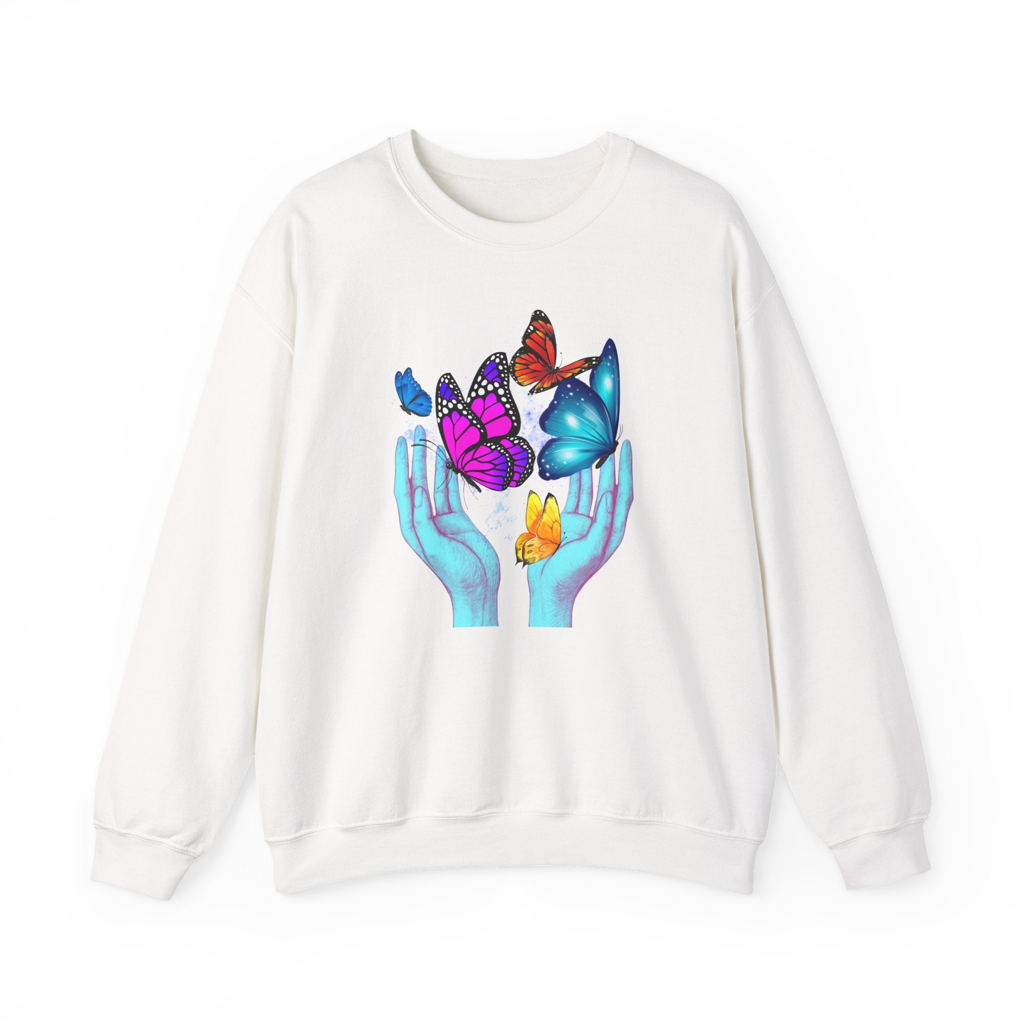 White sweatshirt with colorful butterfly design on a white background