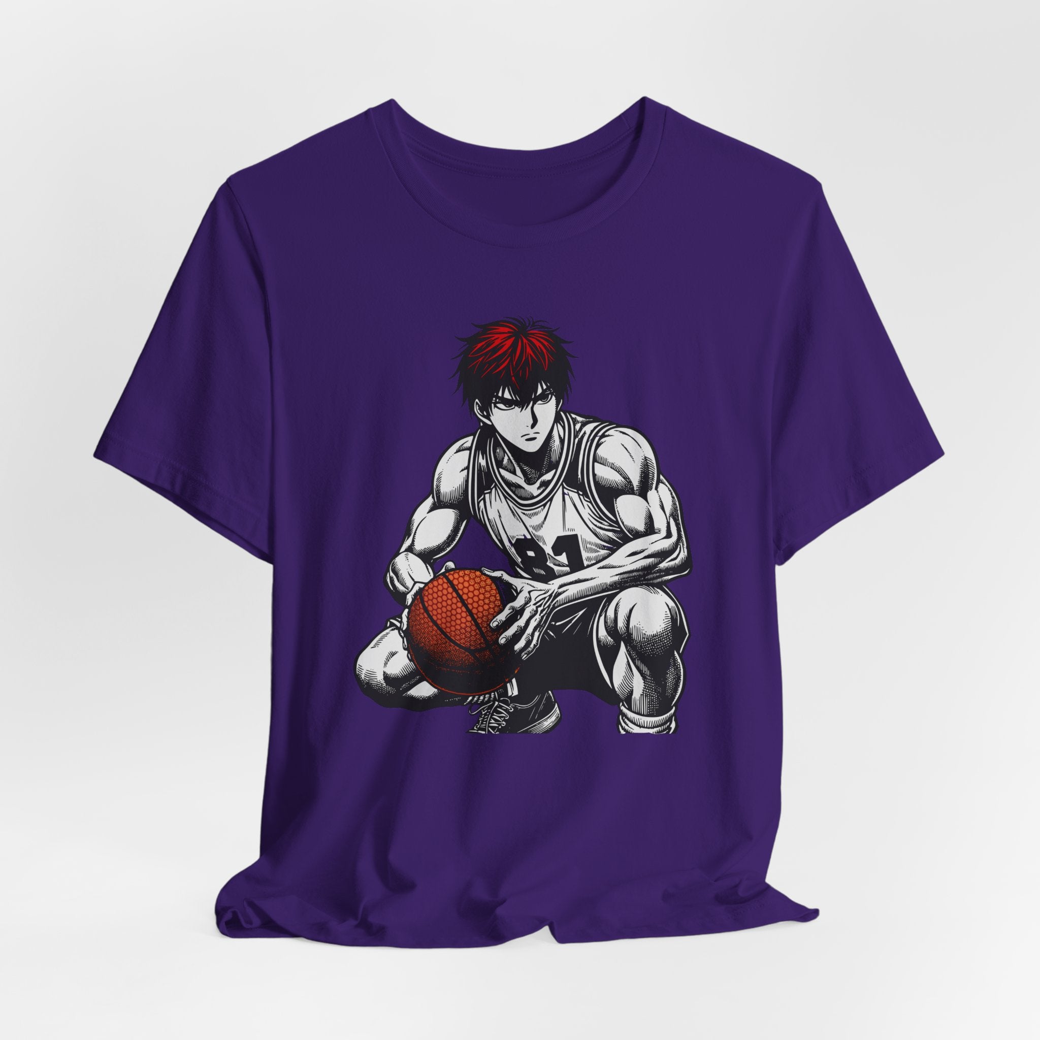 Purple t-shirt with a graphic of a basketball player on a white background