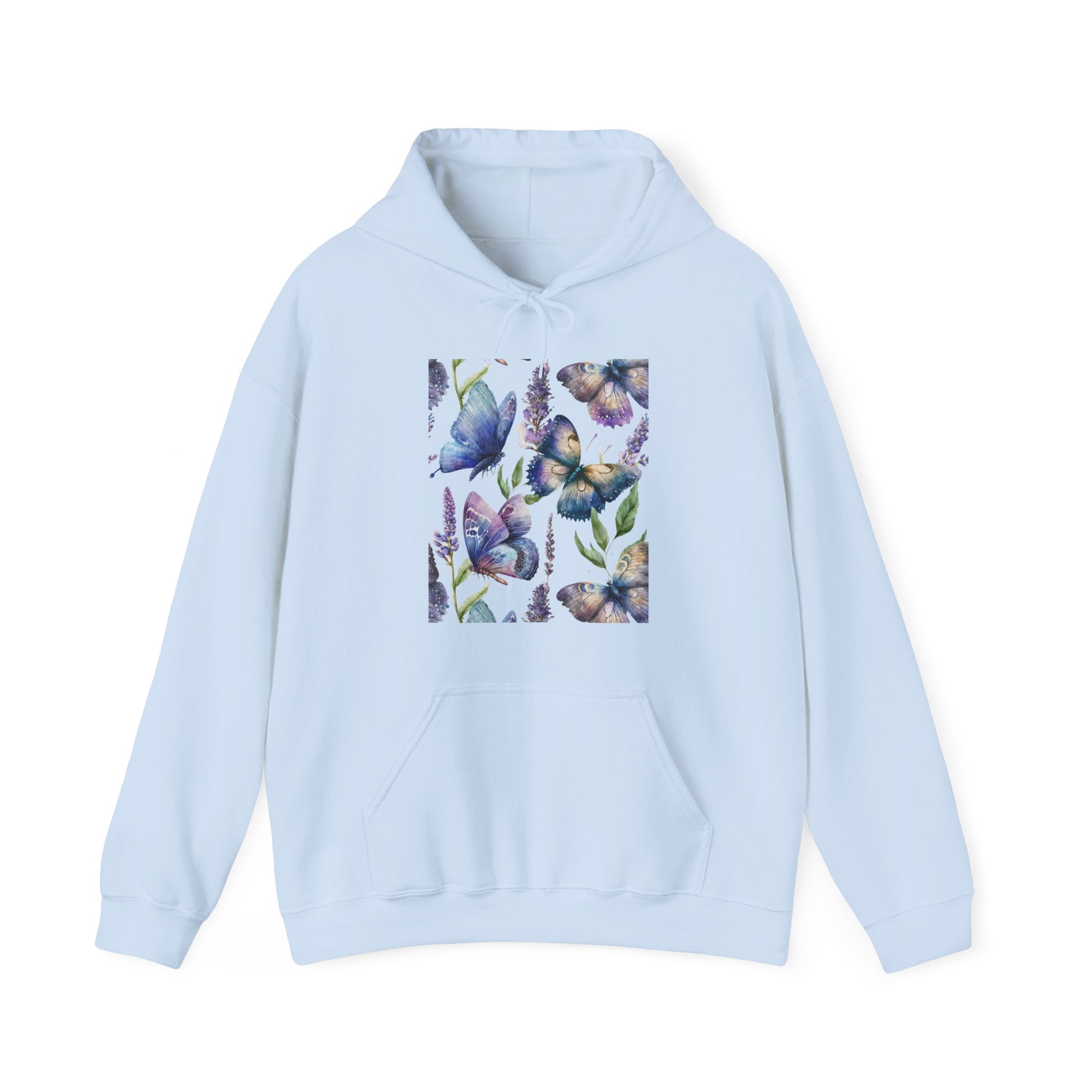 Light blue hoodie with butterfly design on a white background