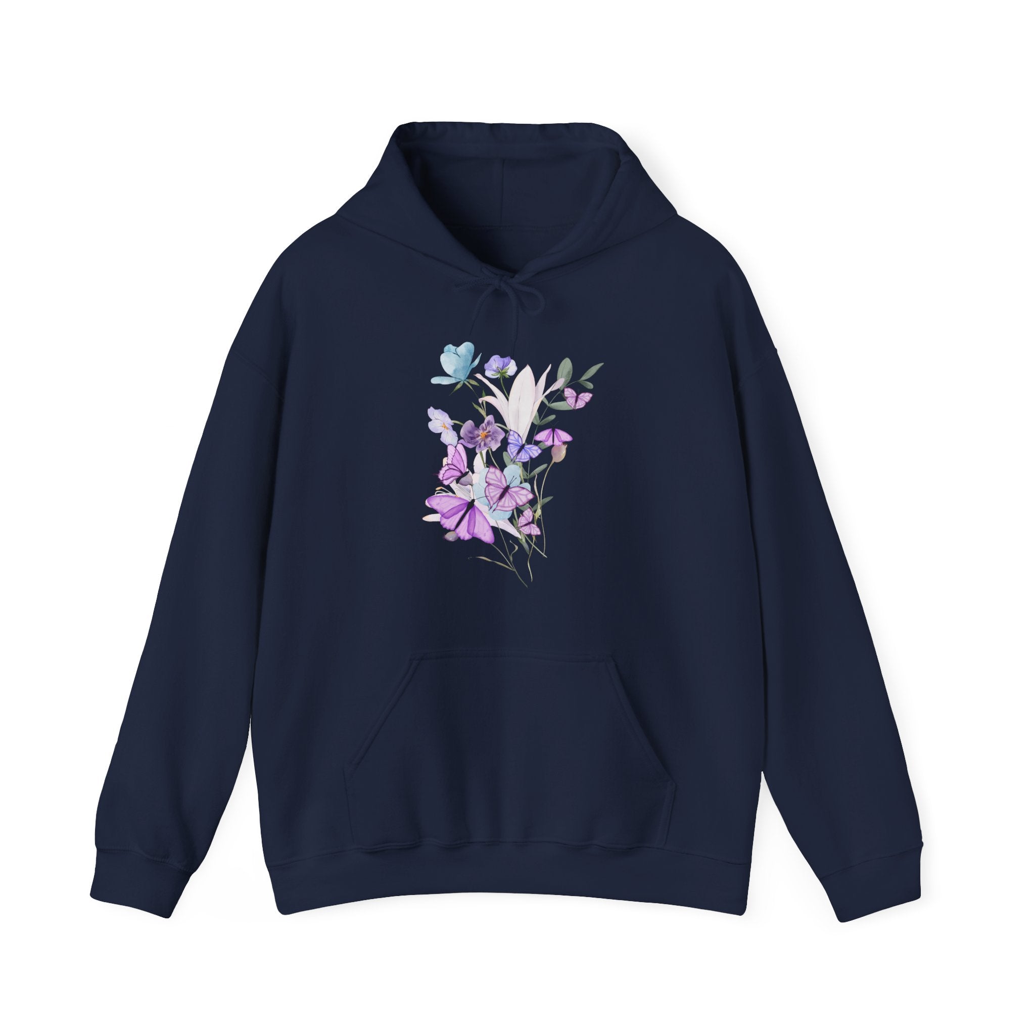 Navy blue hoodie with a graphic of flowers and butterflies on a white background