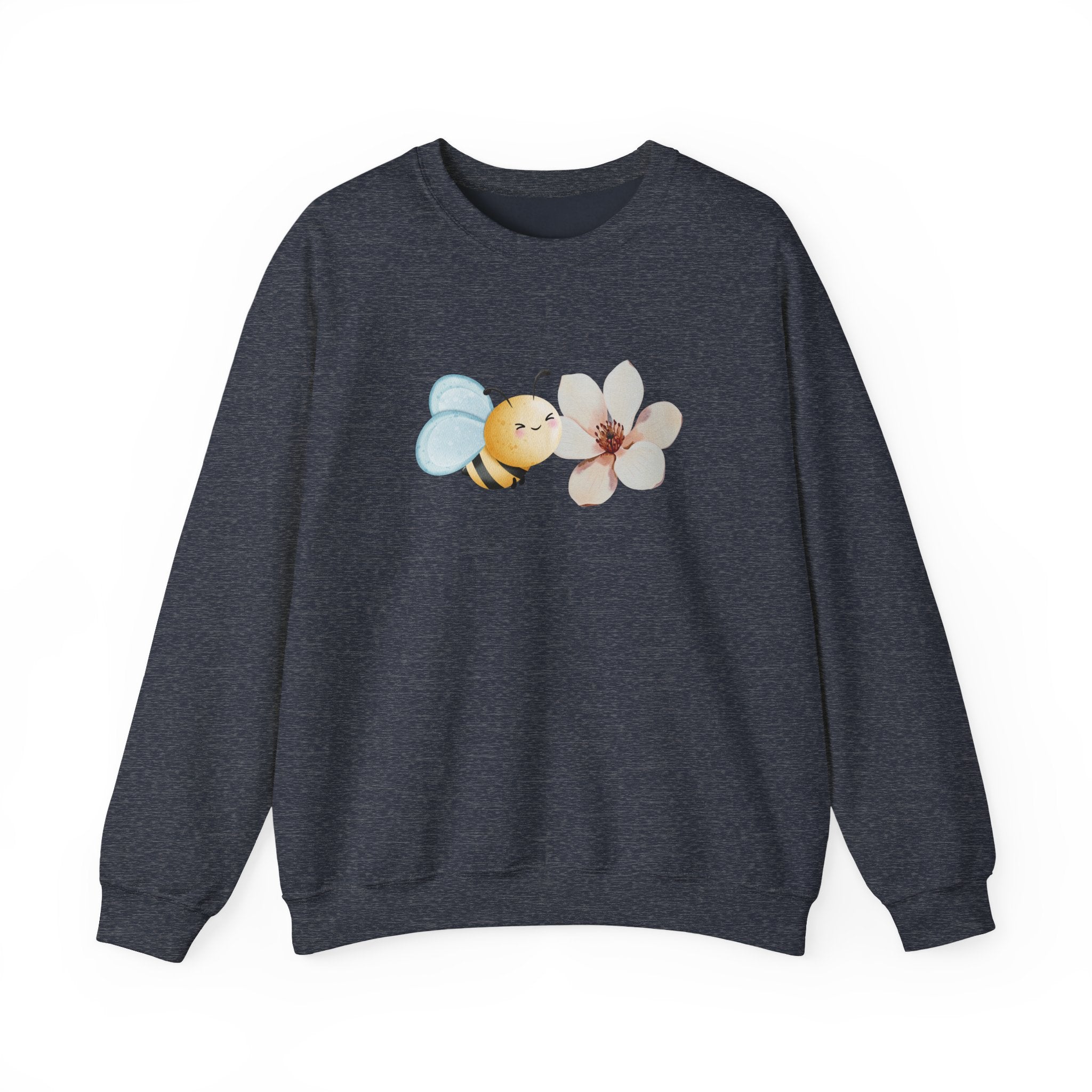 Dark navy sweatshirt with a bee and flower graphic on a white background