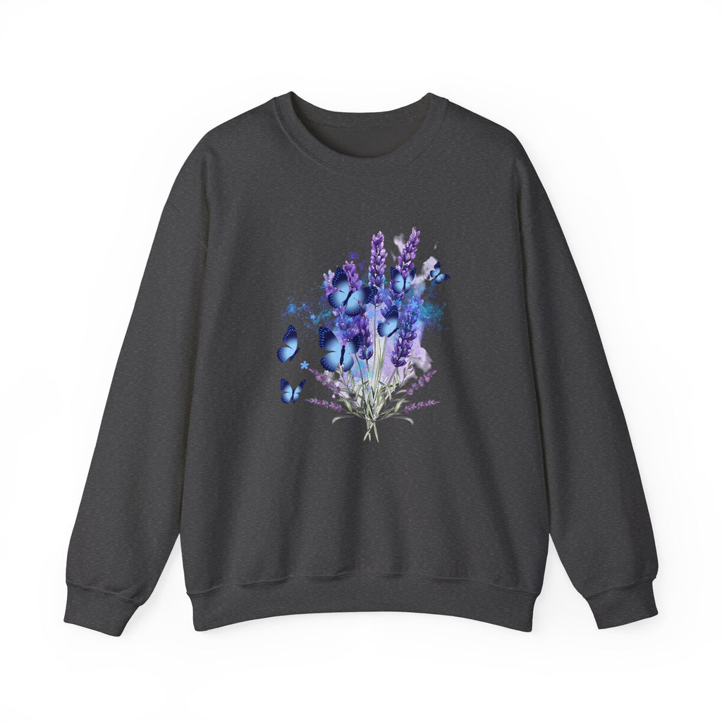 Dark gray sweatshirt with a floral and butterfly design on a white background