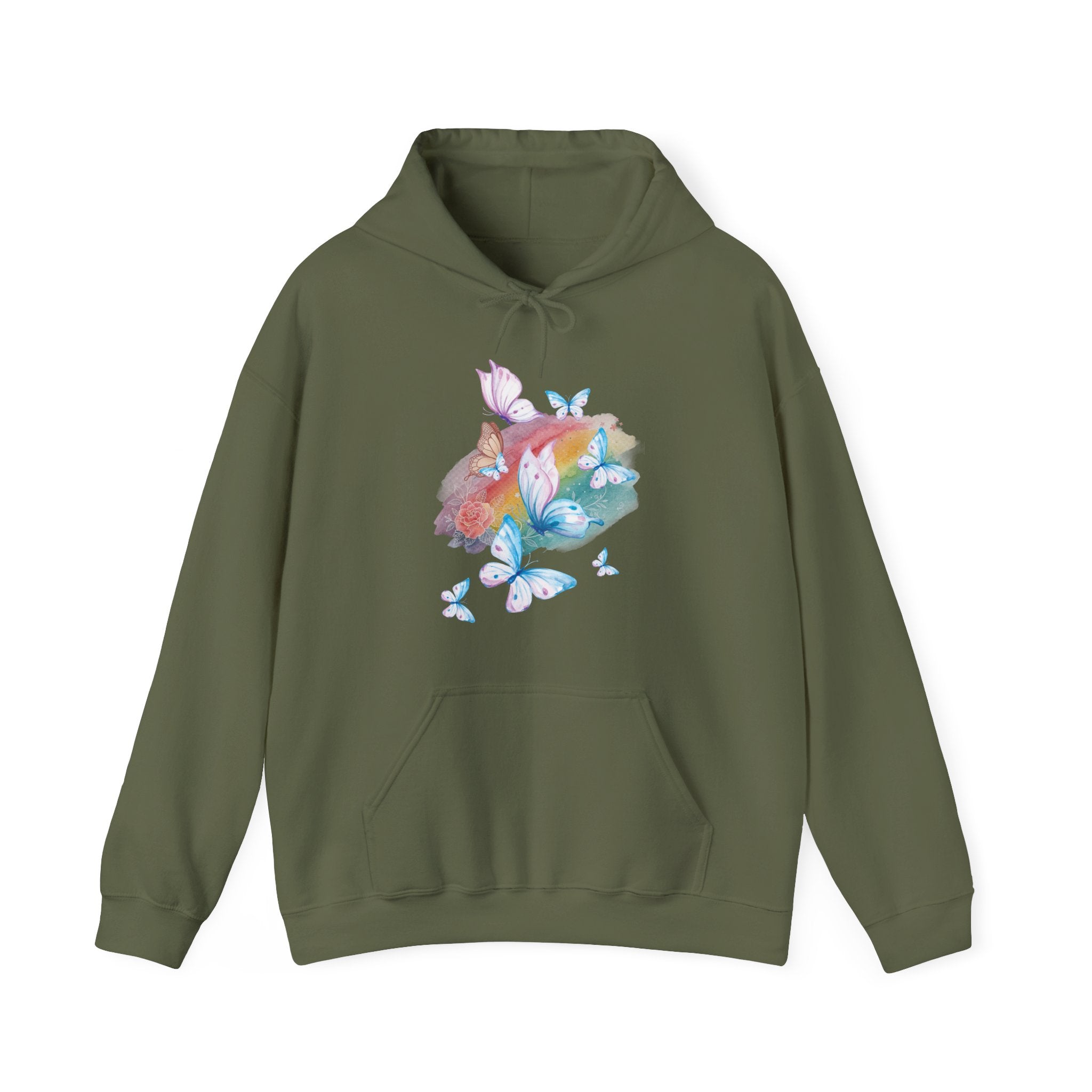 Military green hoodie with colorful butterfly and flower design on a white background