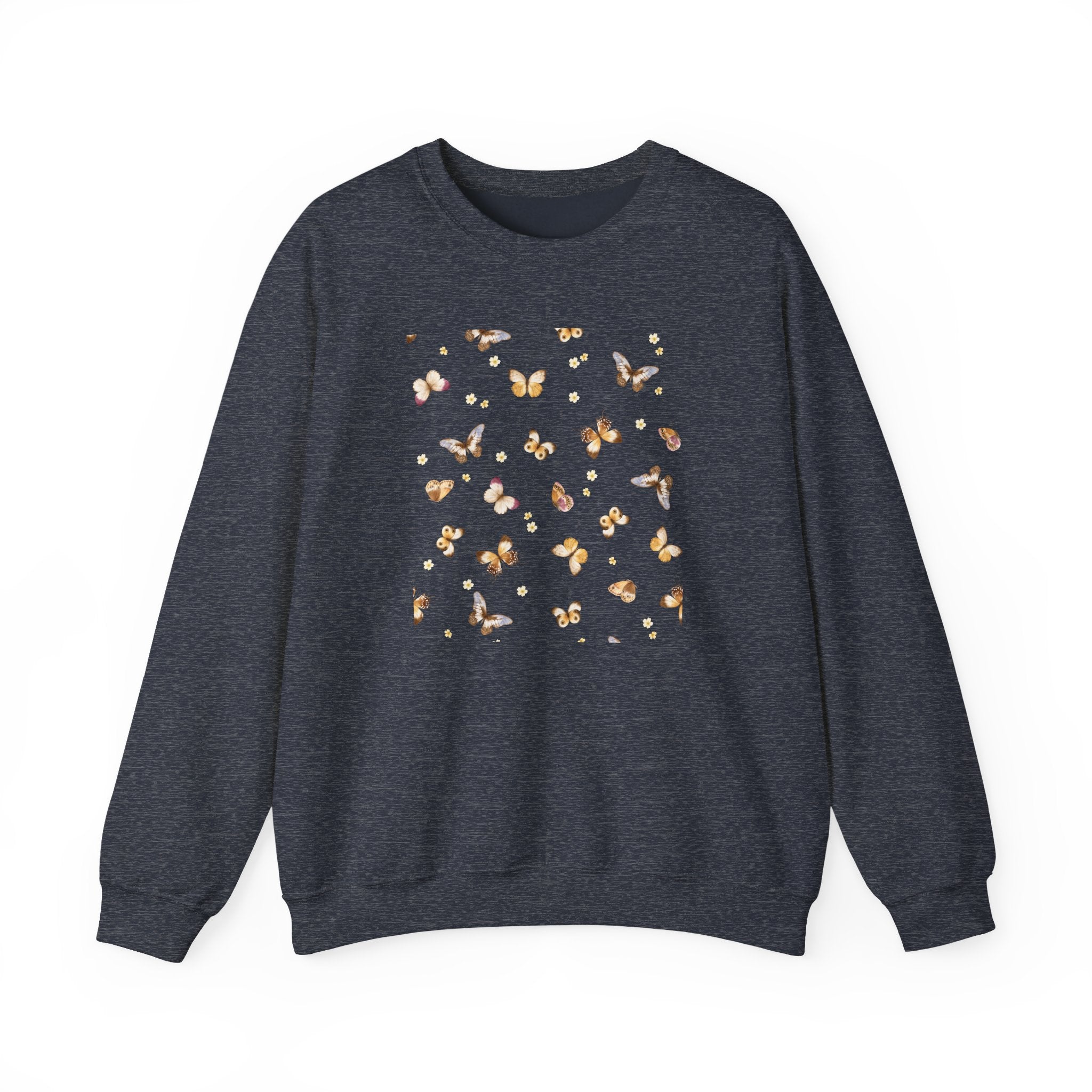 Dark navy sweatshirt with butterfly pattern on a white background