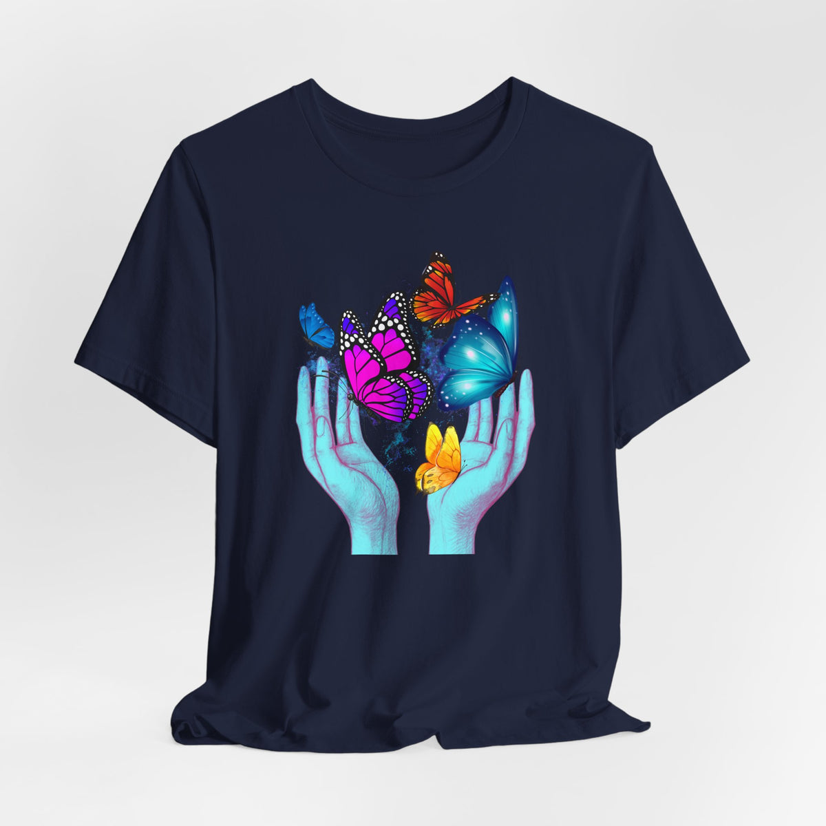 Navy blue t-shirt with colorful butterfly design on a white background