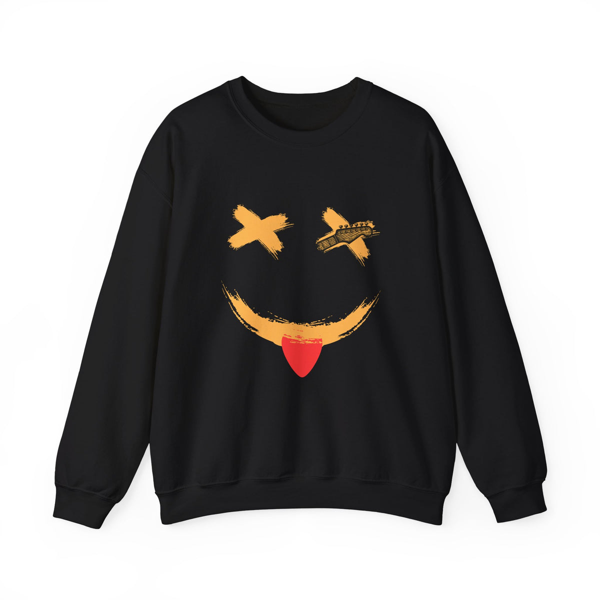 Black sweatshirt with a smiley guitar face design on a white background