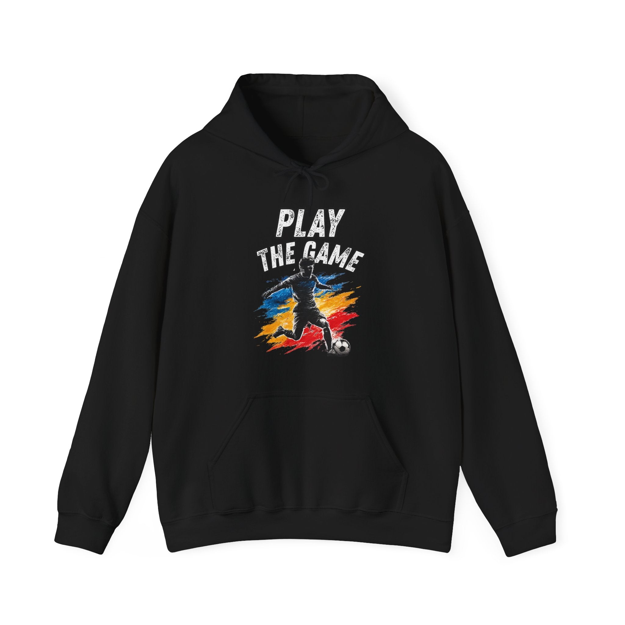 Black hoodie featuring a graphic print on the front with the text 'PLAY THE GAME' above a stylized soccer player silhouette over a red, yellow, and blue paint-splatter background.