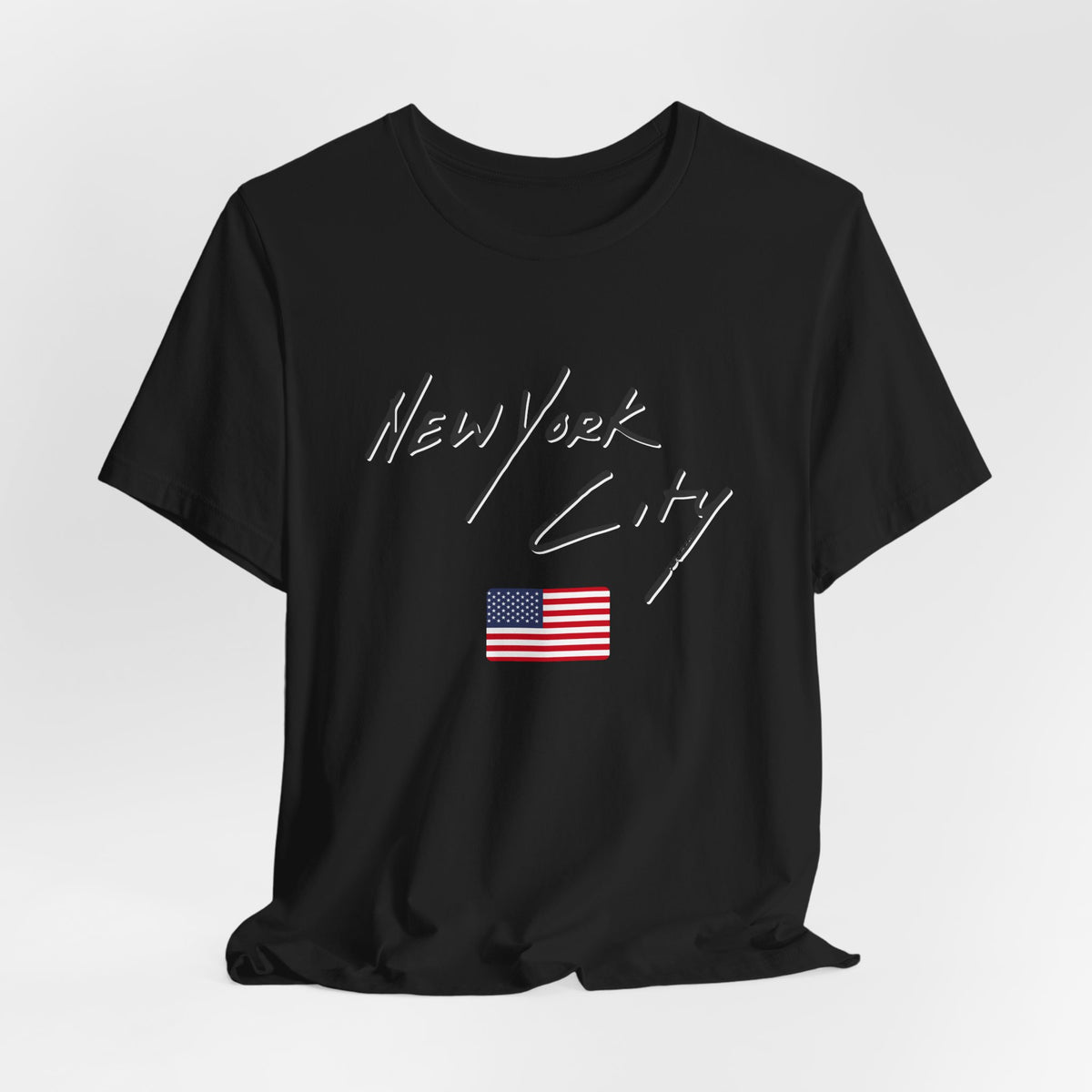 Black t-shirt with 'New York City' text and American flag on a white background