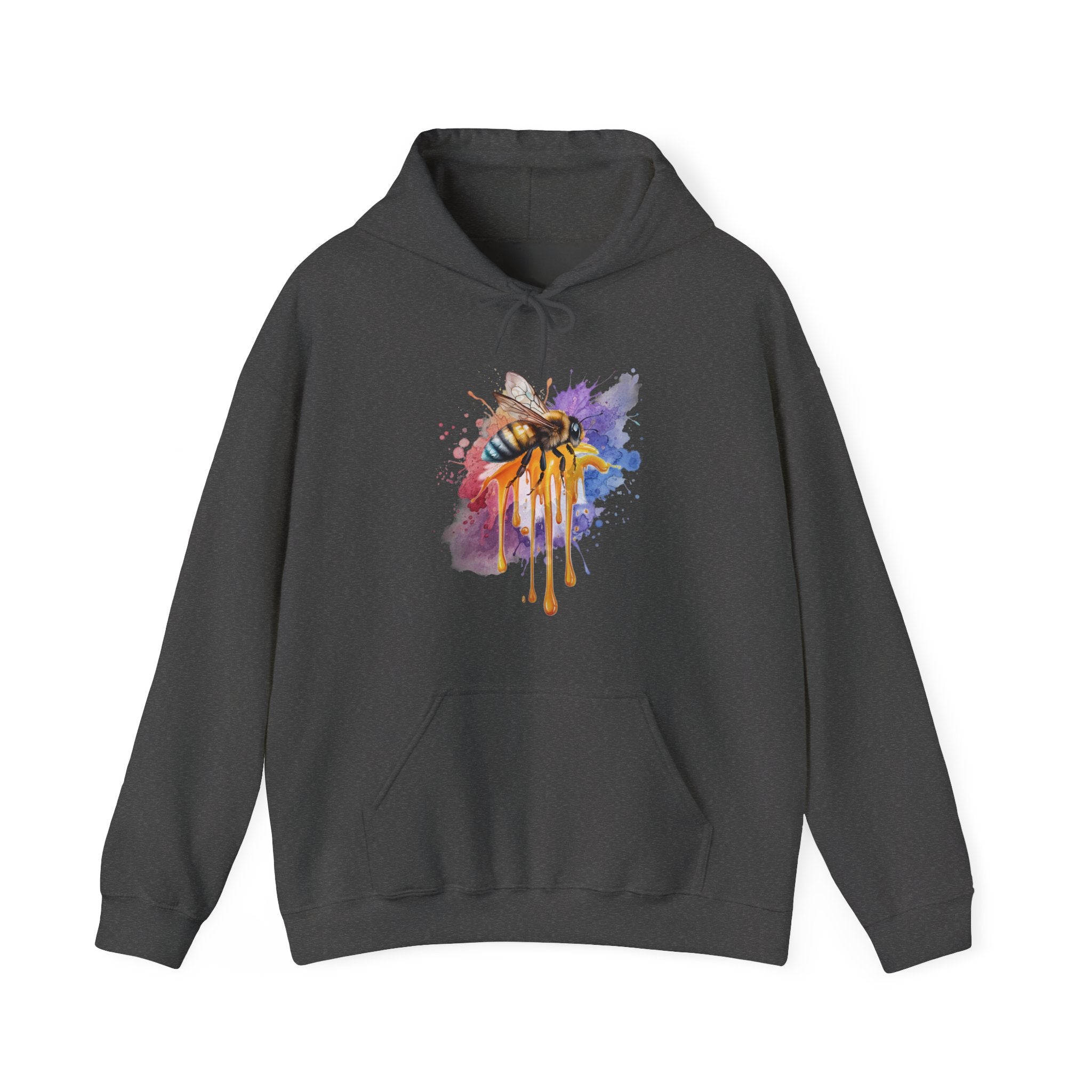 Dark gray hoodie with a colorful bee design on a white background