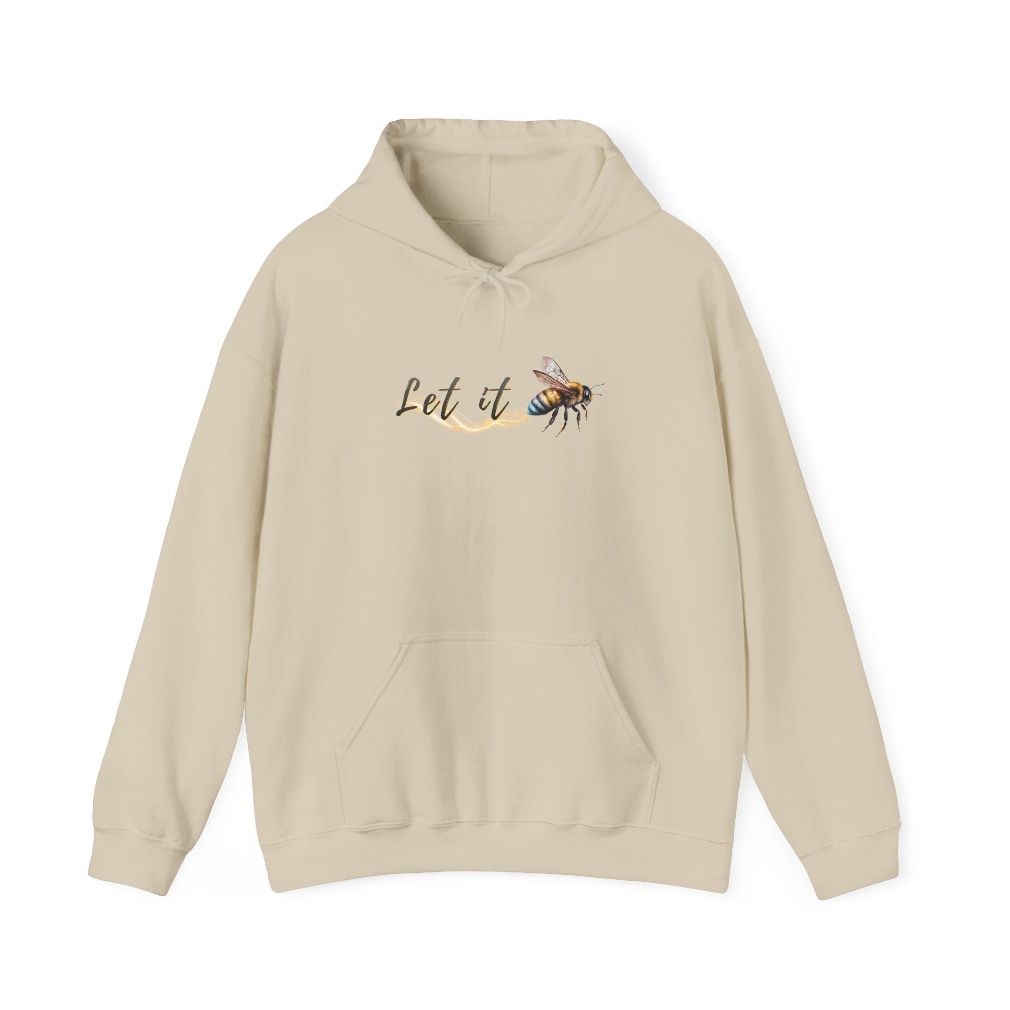Beige hoodie with a bee and 'Let it' text design on a white background