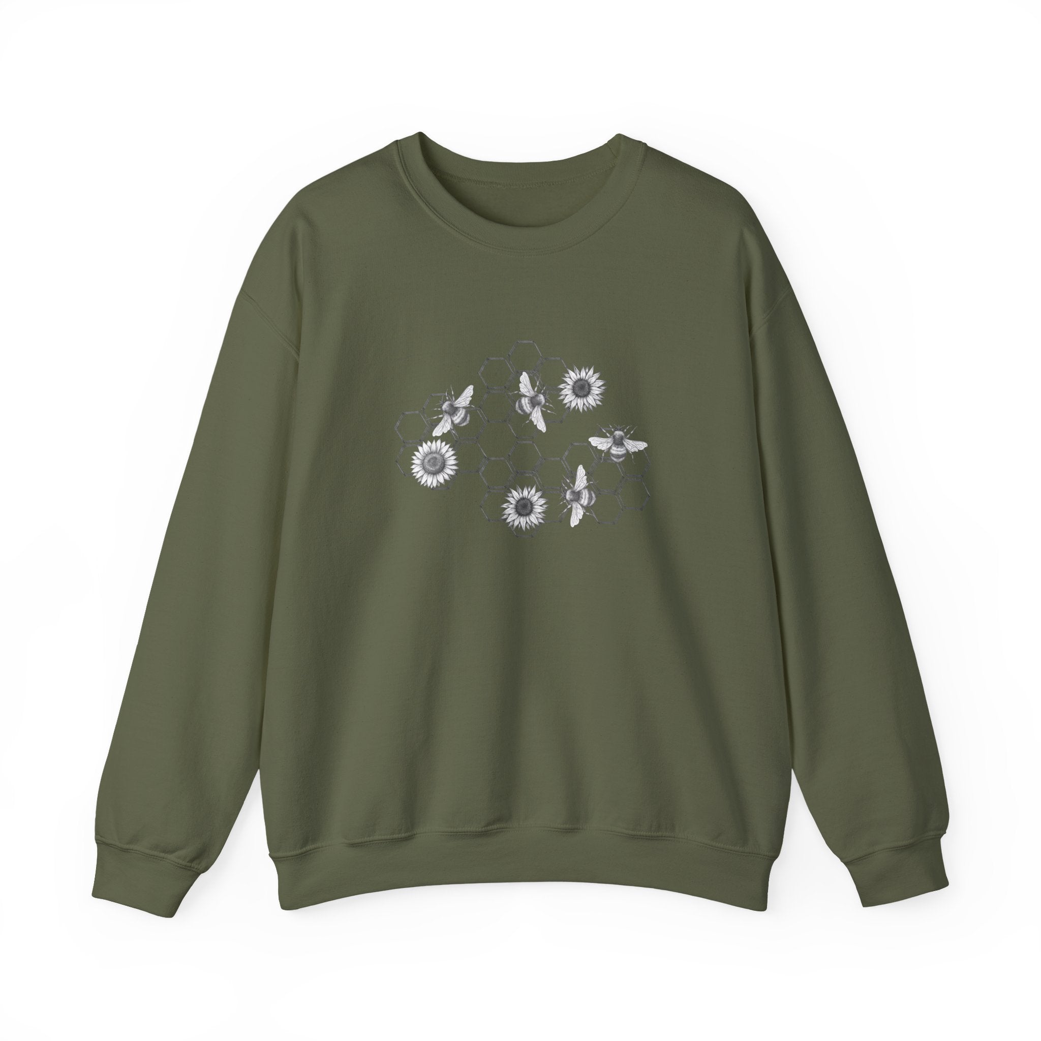 Green sweatshirt with bee and flower pattern on a white background