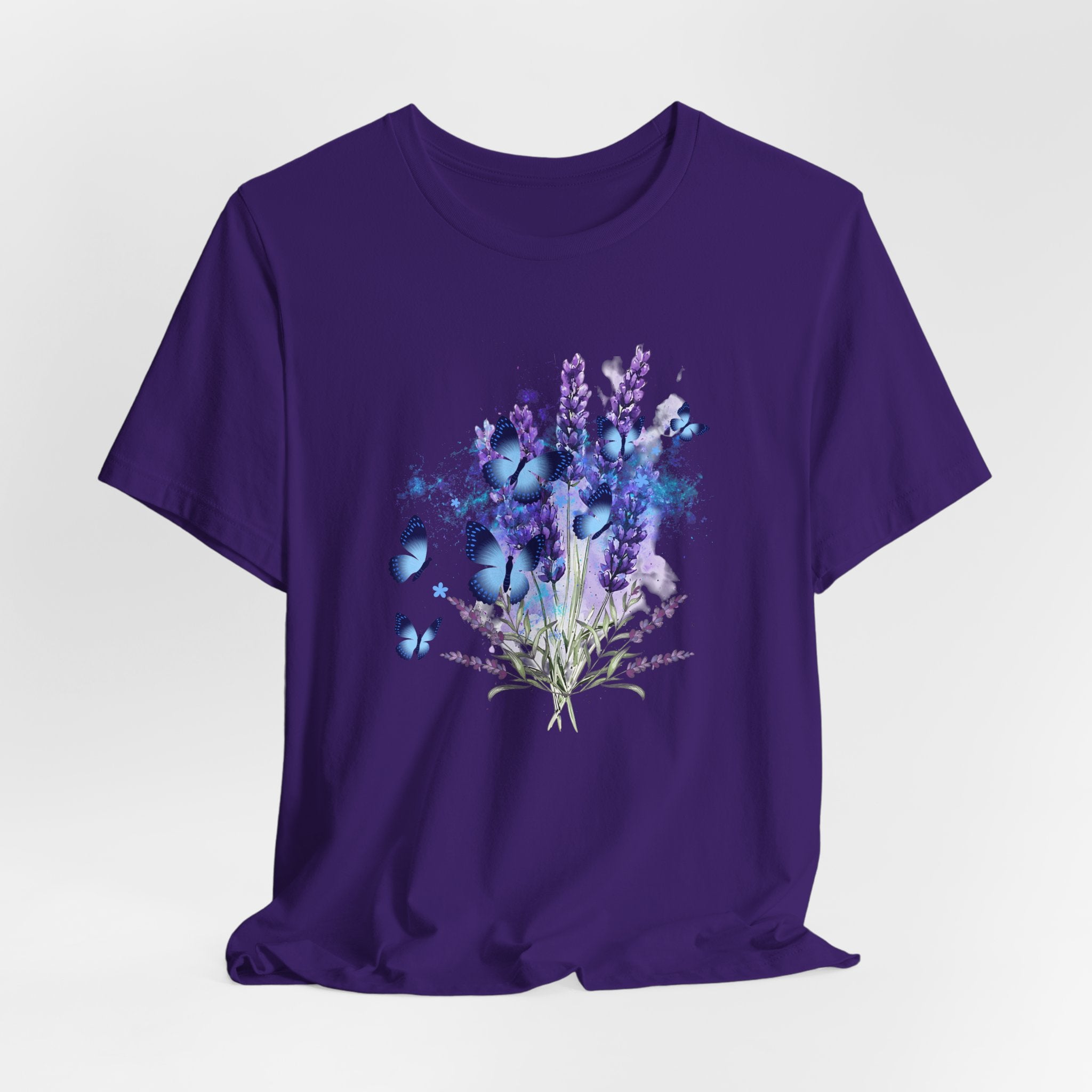 Purple t-shirt with floral design on a white background