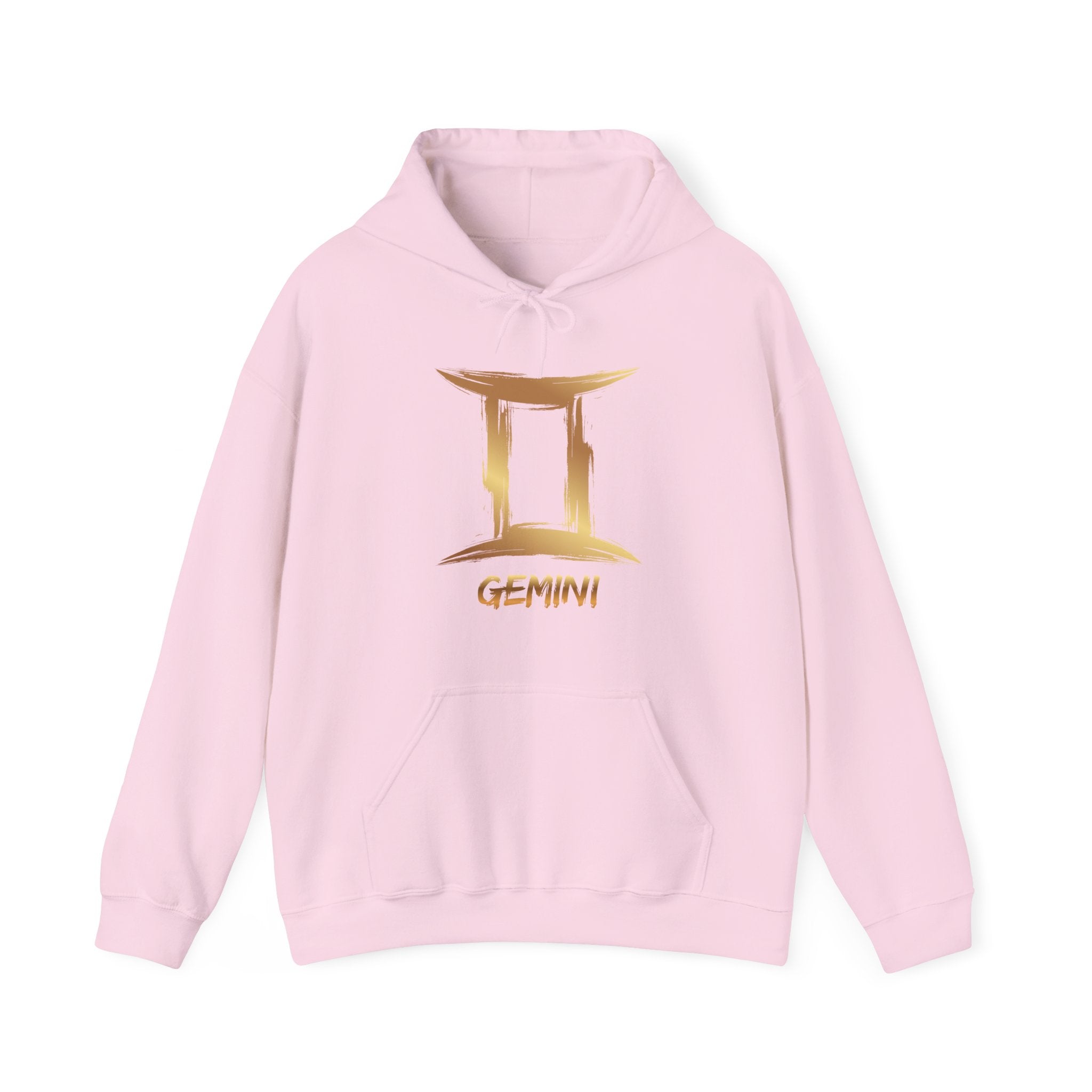 Pink hoodie with gold Gemini logo on a white background