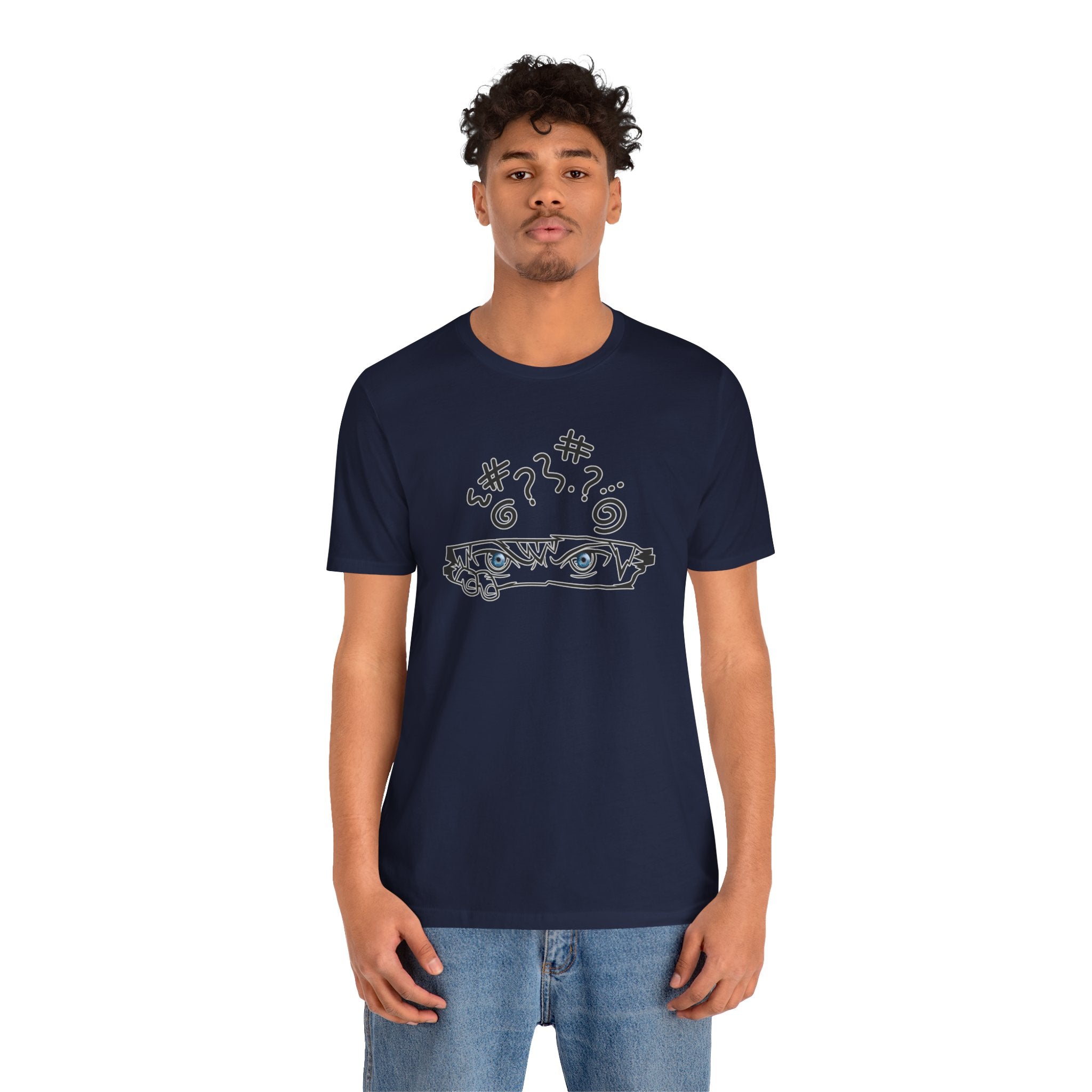 Person wearing a navy blue t-shirt with a graphic design on a white background