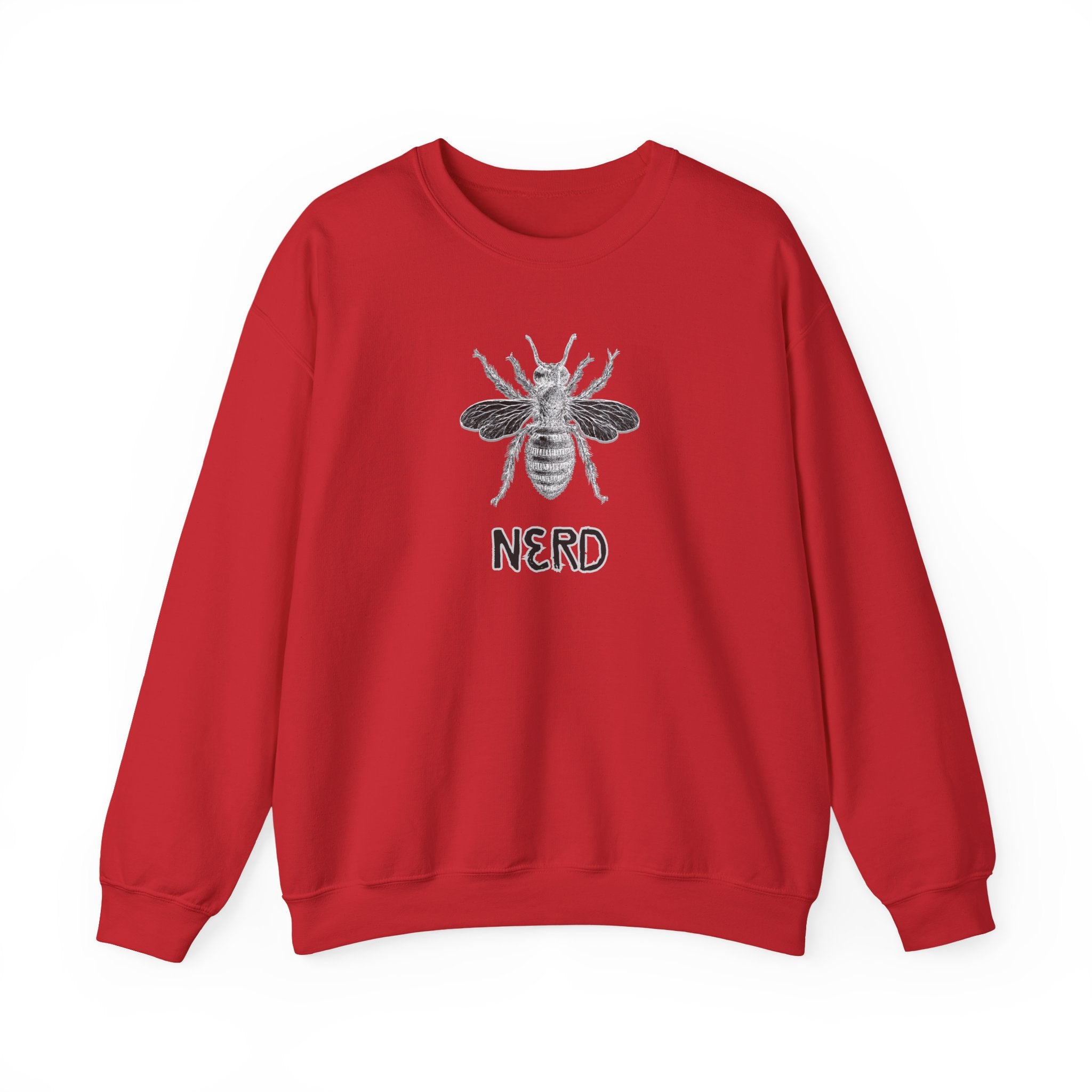 Red sweatshirt with a bee graphic and 'NERD' text on a white background