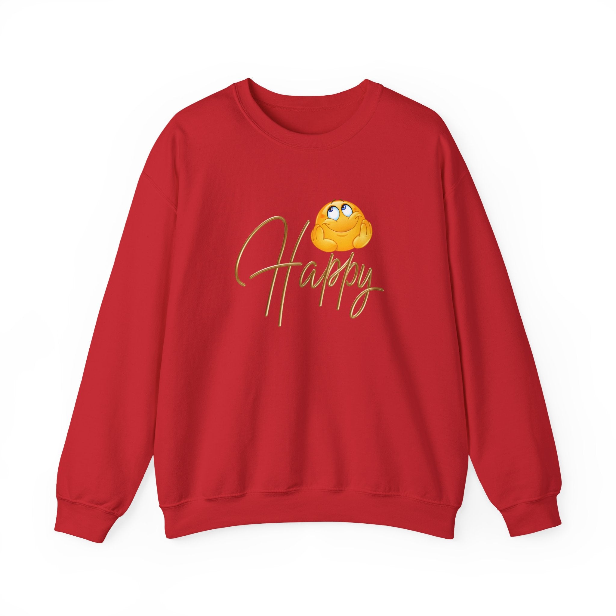 Red sweatshirt with a yellow emoji and 'Happy' text on a white background