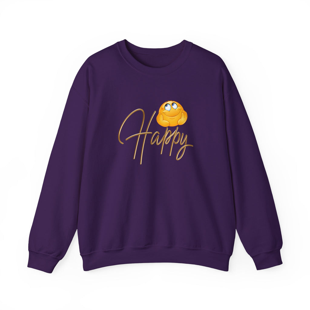 Purple sweatshirt with a yellow emoji and 'Happy' text on a white background