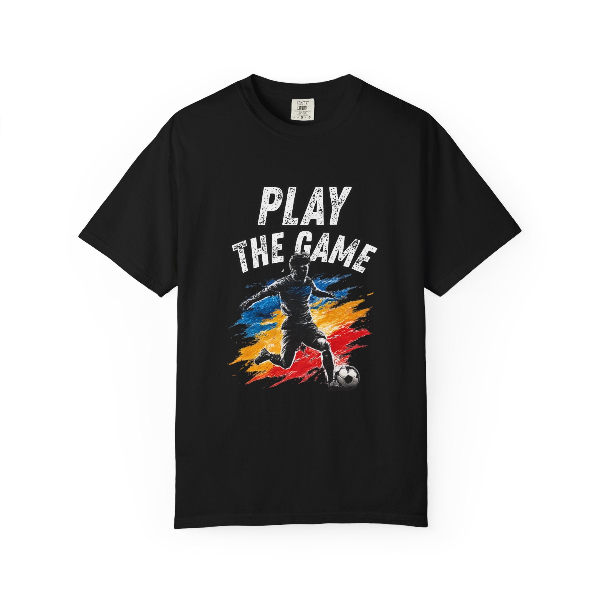 A black short-sleeve crewneck t-shirt featuring a graphic print on the front with the text 'PLAY THE GAME' above a stylized soccer player silhouette over a red, yellow, and blue paint-splatter background.
