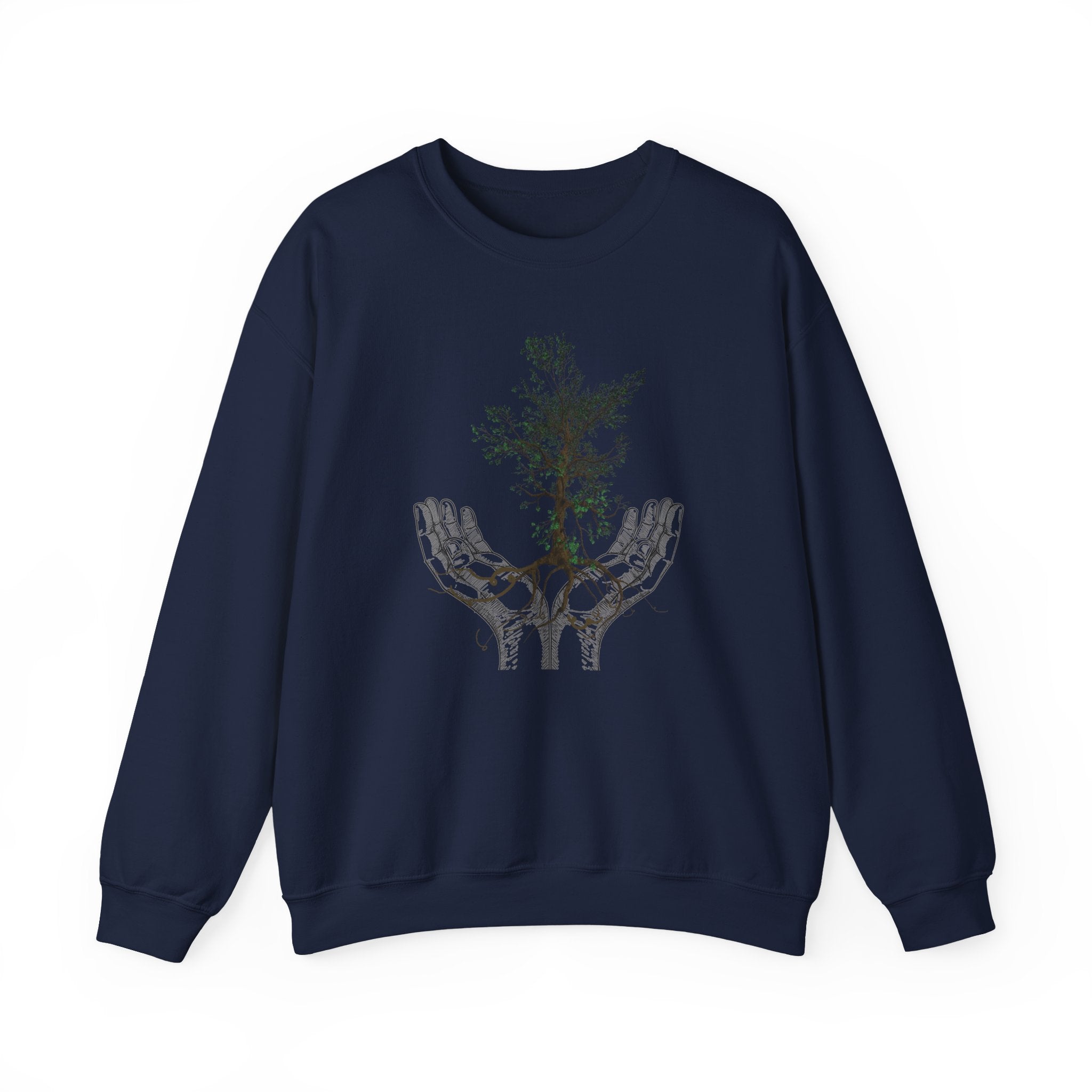Navy blue sweatshirt with a tree design on a white background