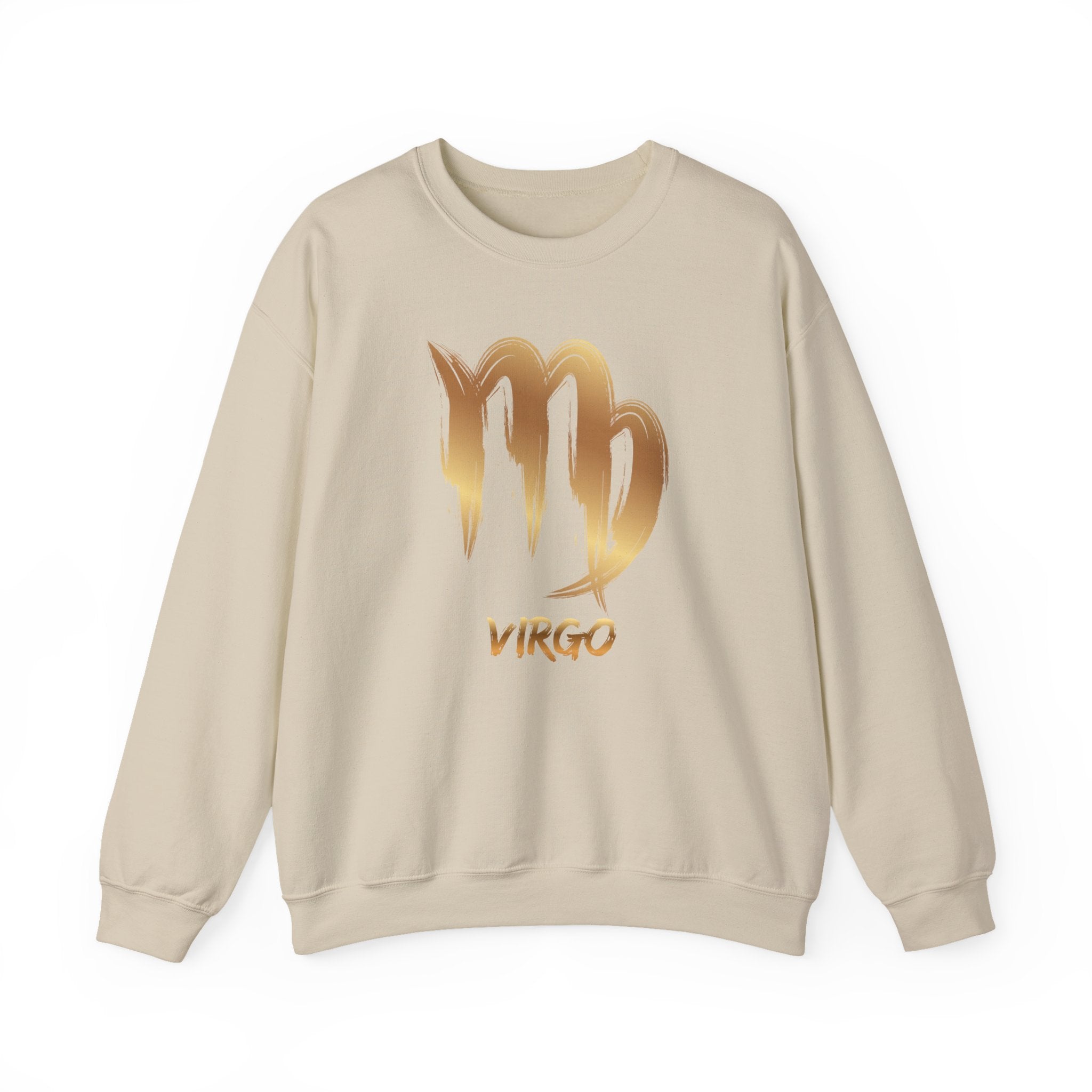 Beige sweatshirt with gold Virgo zodiac sign design on a white background