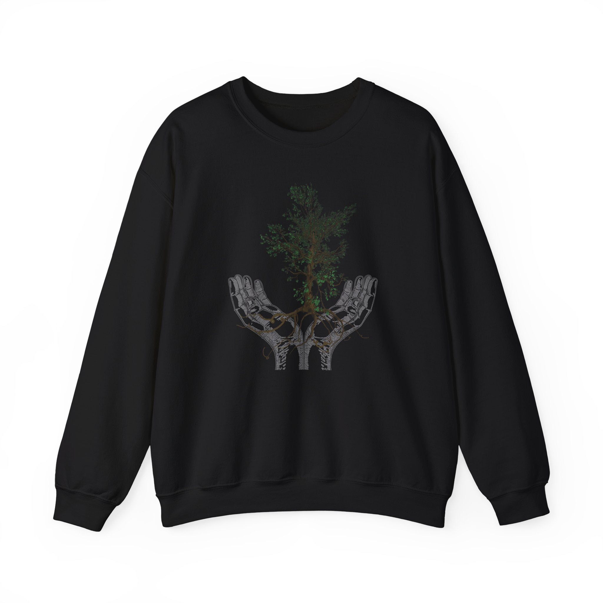 Black sweatshirt with a tree design on a white background