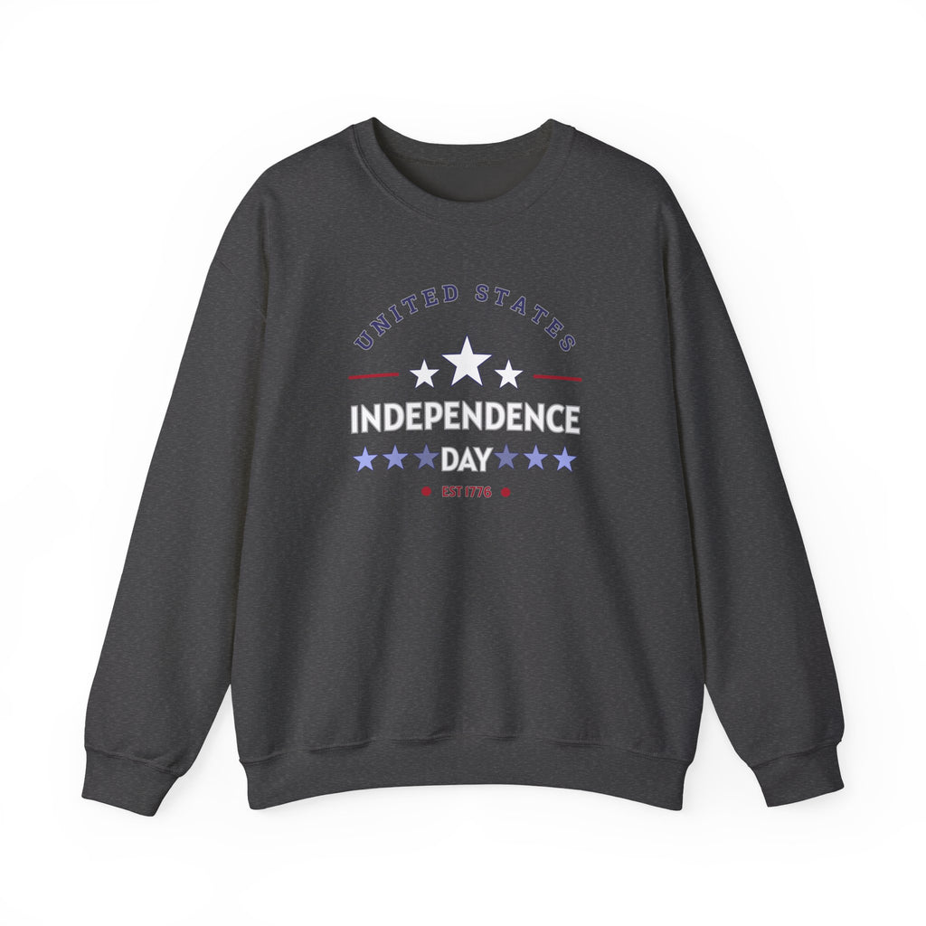 Dark gray sweatshirt with 'United States Independence Day' text and star design on a white background