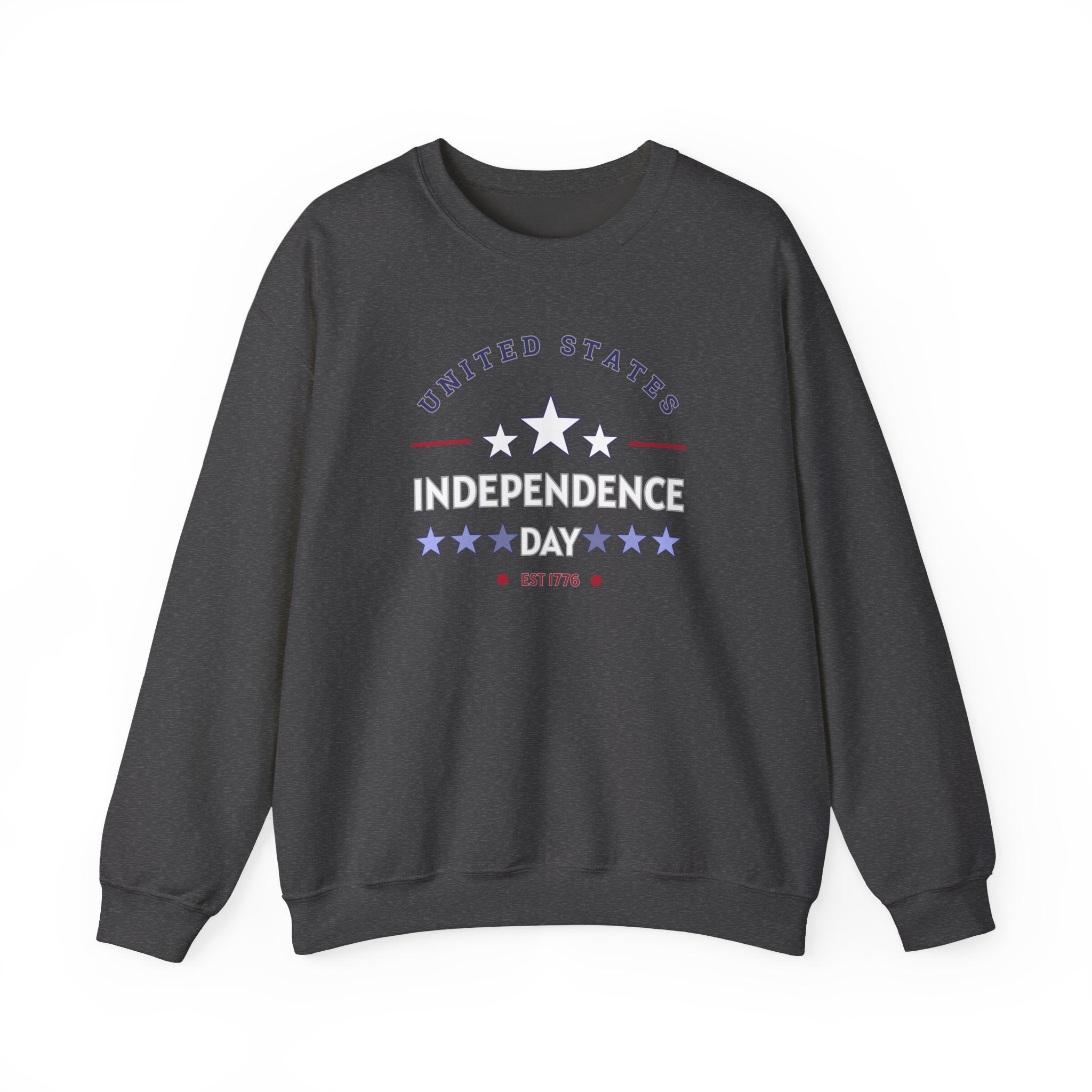 Dark gray sweatshirt with 'United States Independence Day' text and star design on a white background