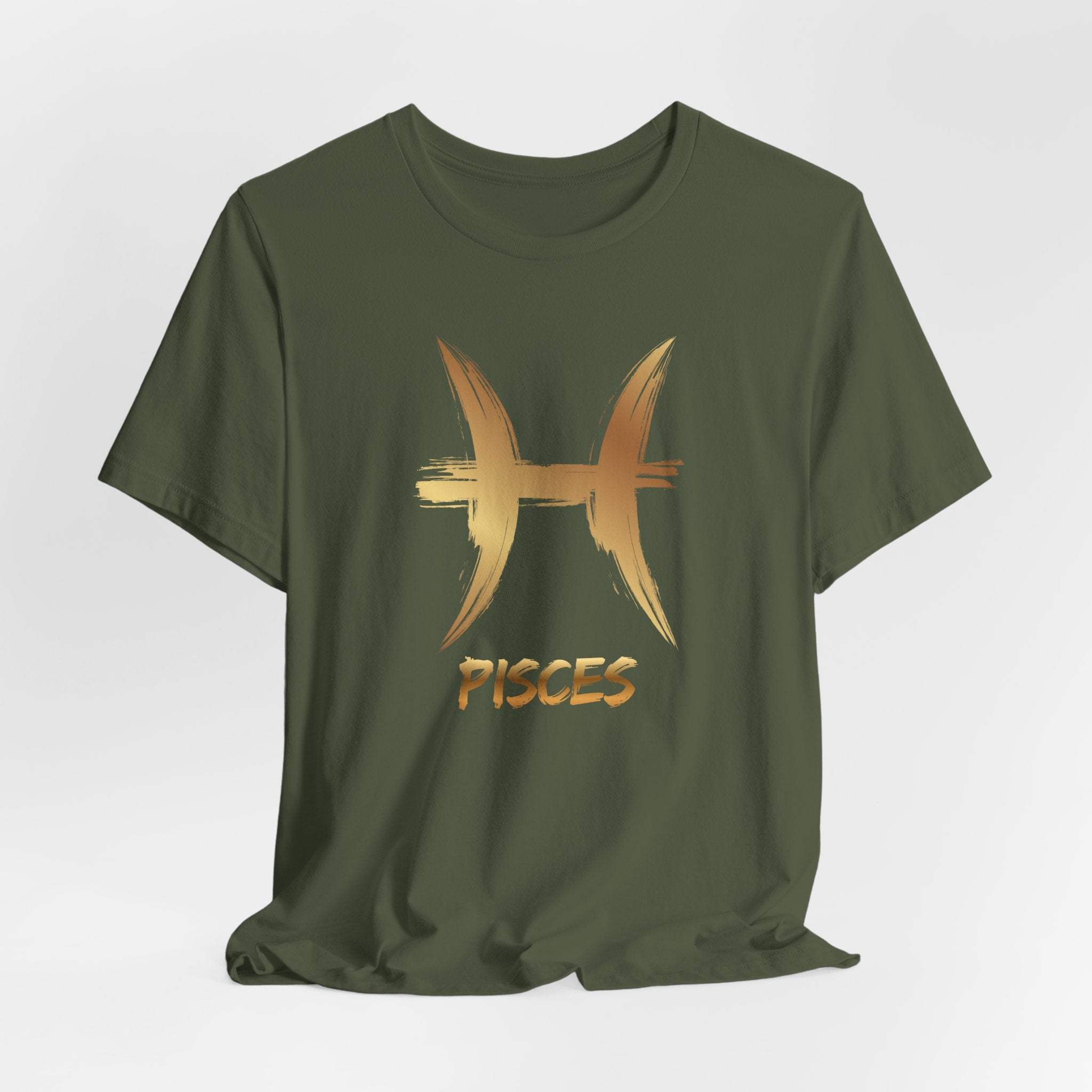Green t-shirt with gold Pisces symbol and text on a white background