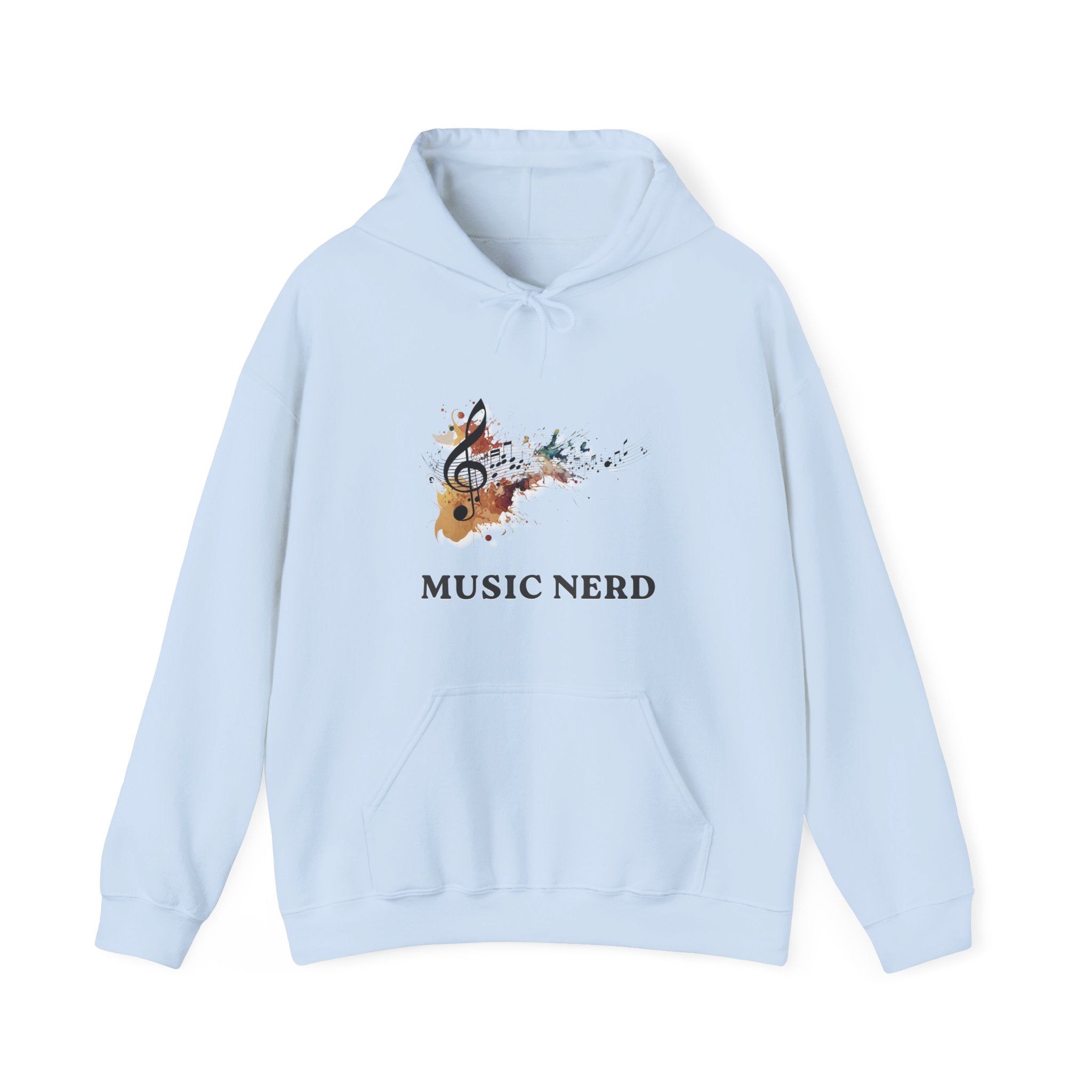Light blue hoodie with 'Music Nerd' text and musical notes design on a white background