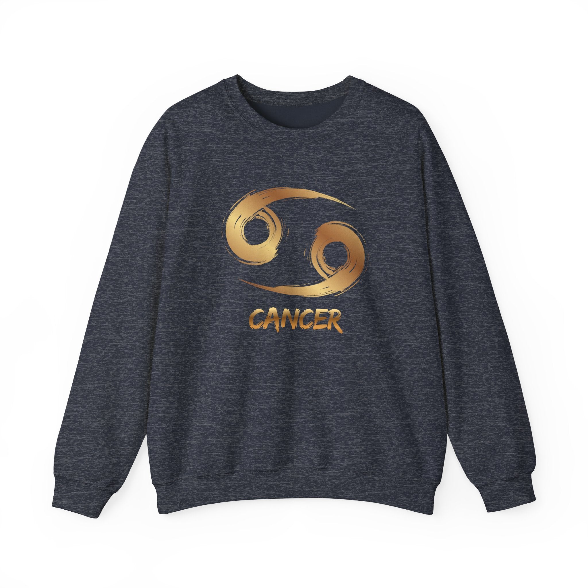 Dark navy sweatshirt with Cancer zodiac symbol in gold on a white background