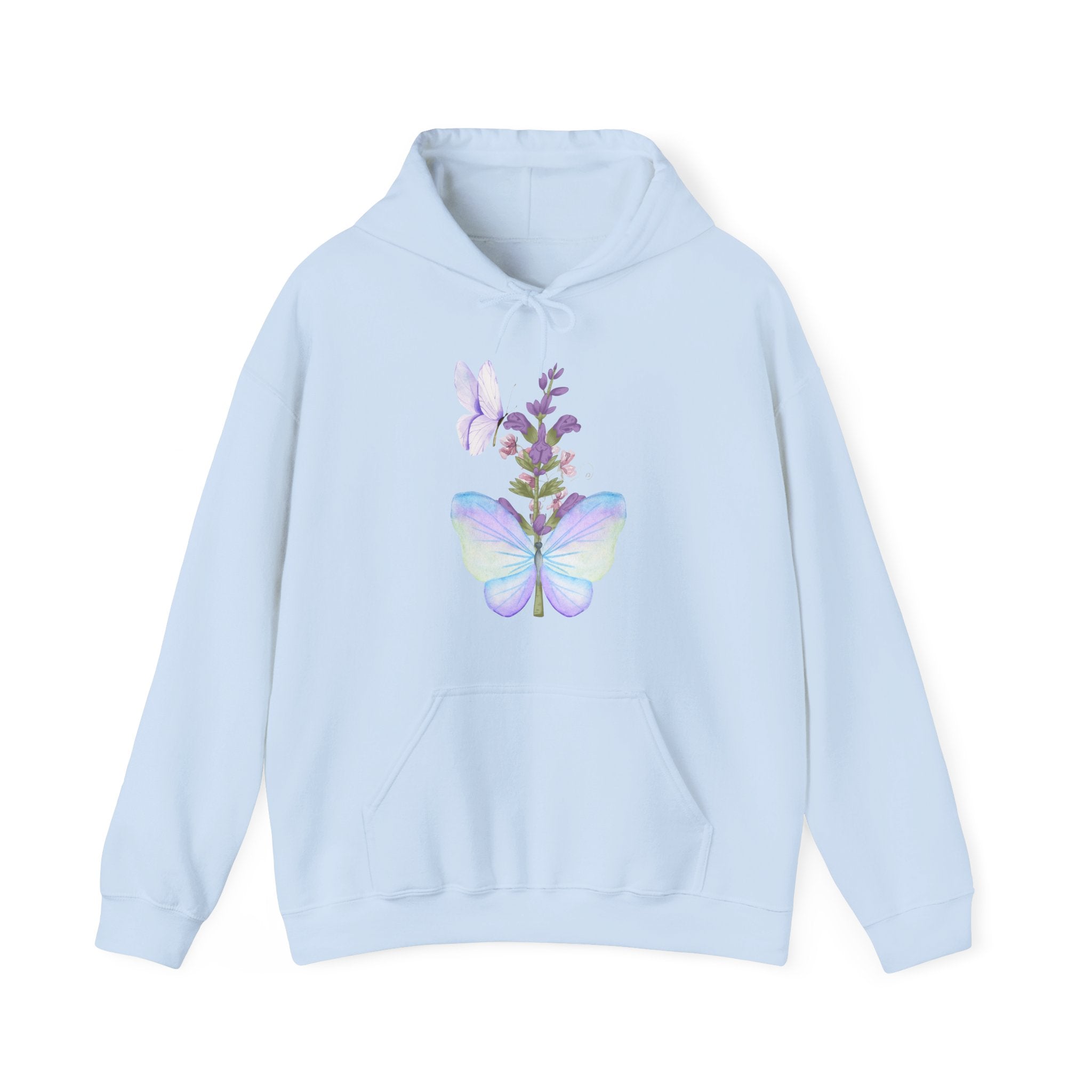 Light blue hoodie with a butterfly and floral design on a white background