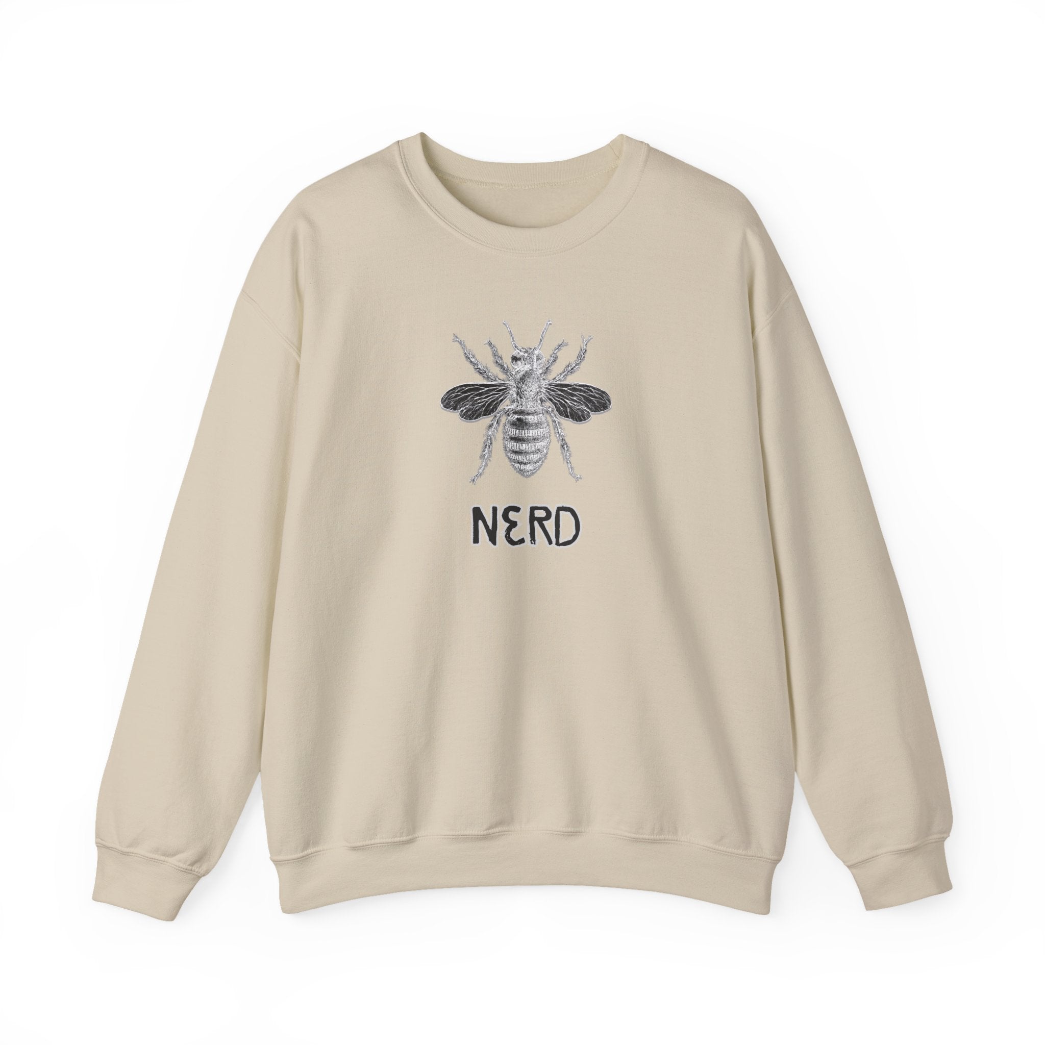 Beige sweatshirt with bee graphic and 'NERD' text on a white background